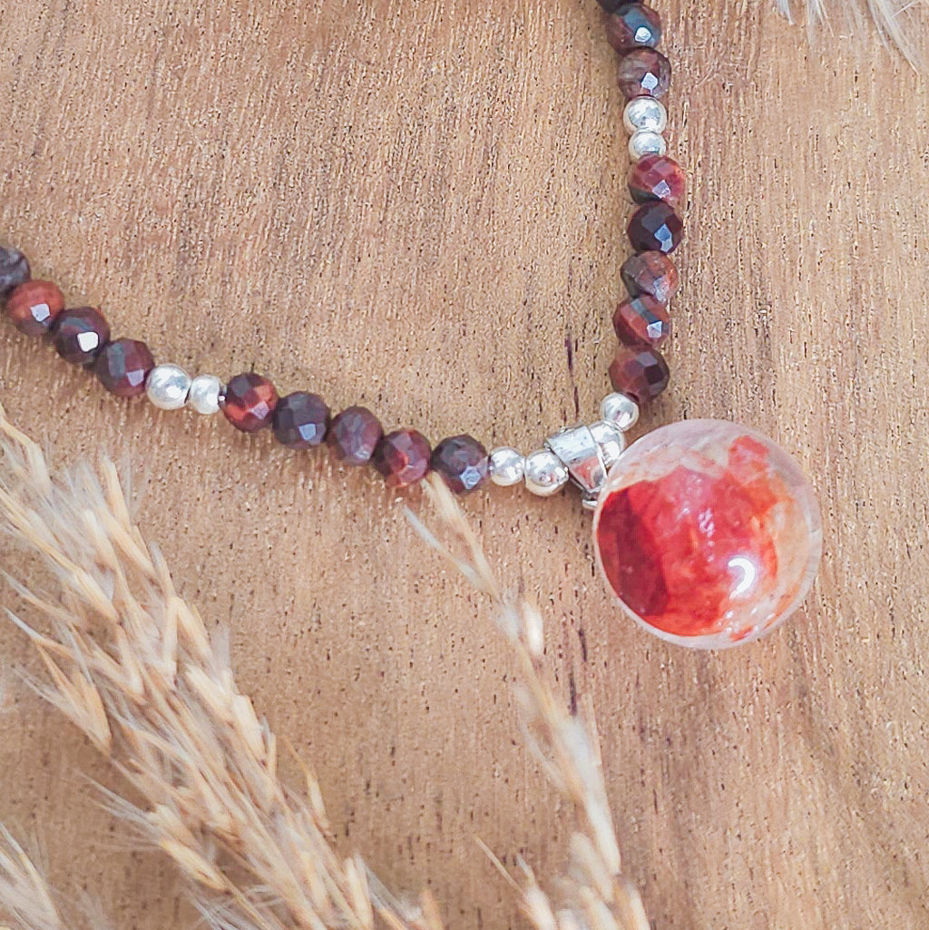 Sacred Ember | Handmade necklace with Fire Quartz sphere pendant, Red Tiger’s Eye & 925 Silver Beads