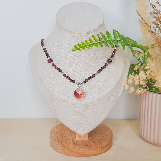 Sacred Ember | Handmade necklace with Fire Quartz sphere pendant, Red Tiger’s Eye & 925 Silver Beads
