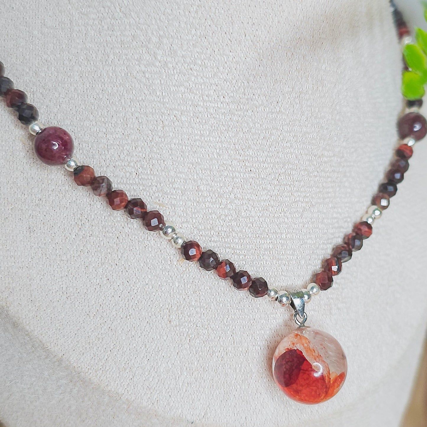 Sacred Ember | Handmade necklace with Fire Quartz sphere pendant, Red Tiger’s Eye & 925 Silver Beads