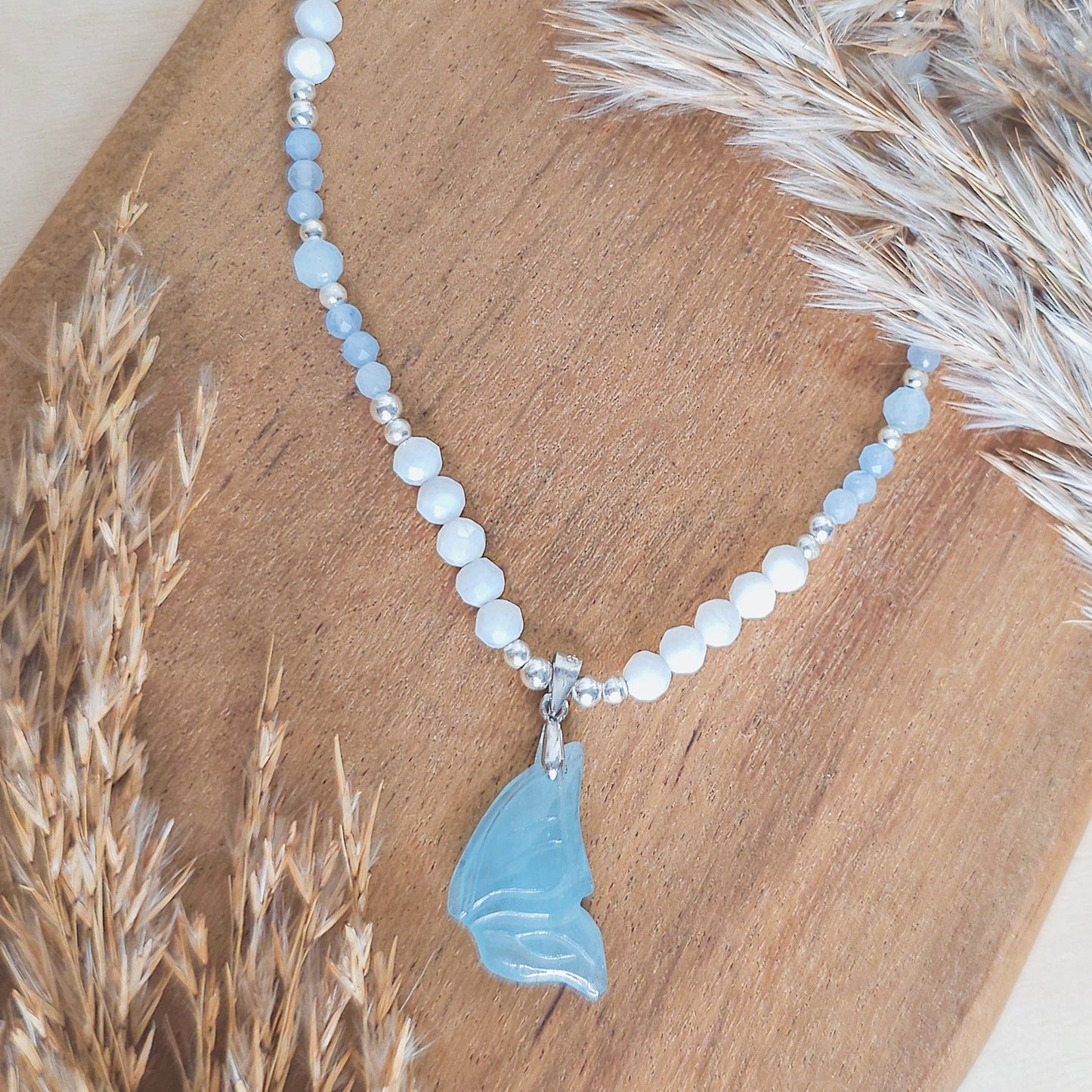 Wavewhisper Fae | Handmade Necklace with Aquamarine fairy wing pendant, Aquamarine, white Shell and 925 Silver Beads