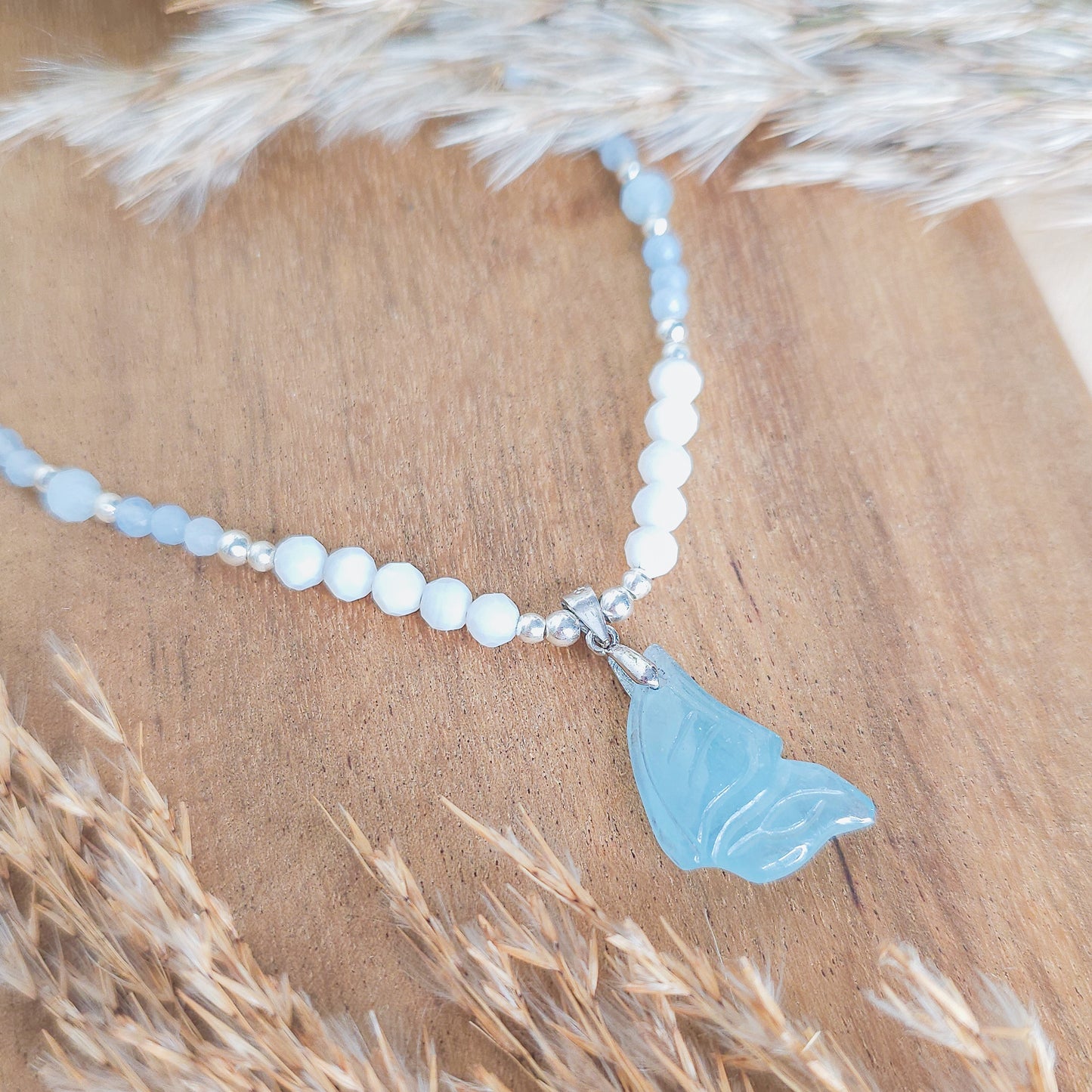 Wavewhisper Fae | Handmade Necklace with Aquamarine fairy wing pendant, Aquamarine, white Shell and 925 Silver Beads