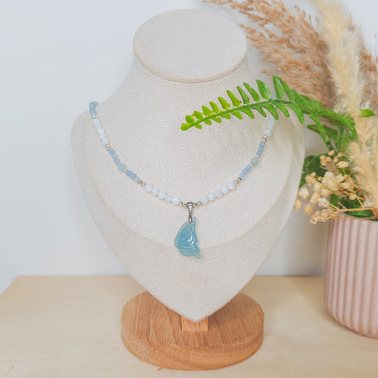 Wavewhisper Fae | Handmade Necklace with Aquamarine fairy wing pendant, Aquamarine, white Shell and 925 Silver Beads