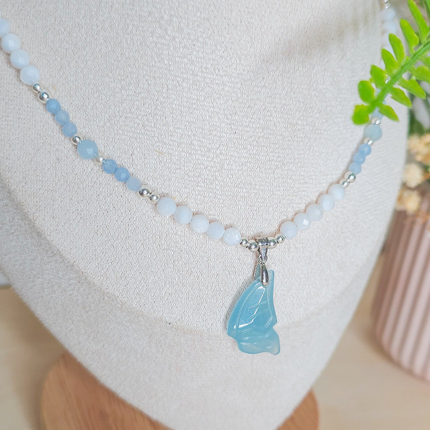 Wavewhisper Fae | Handmade Necklace with Aquamarine fairy wing pendant, Aquamarine, white Shell and 925 Silver Beads