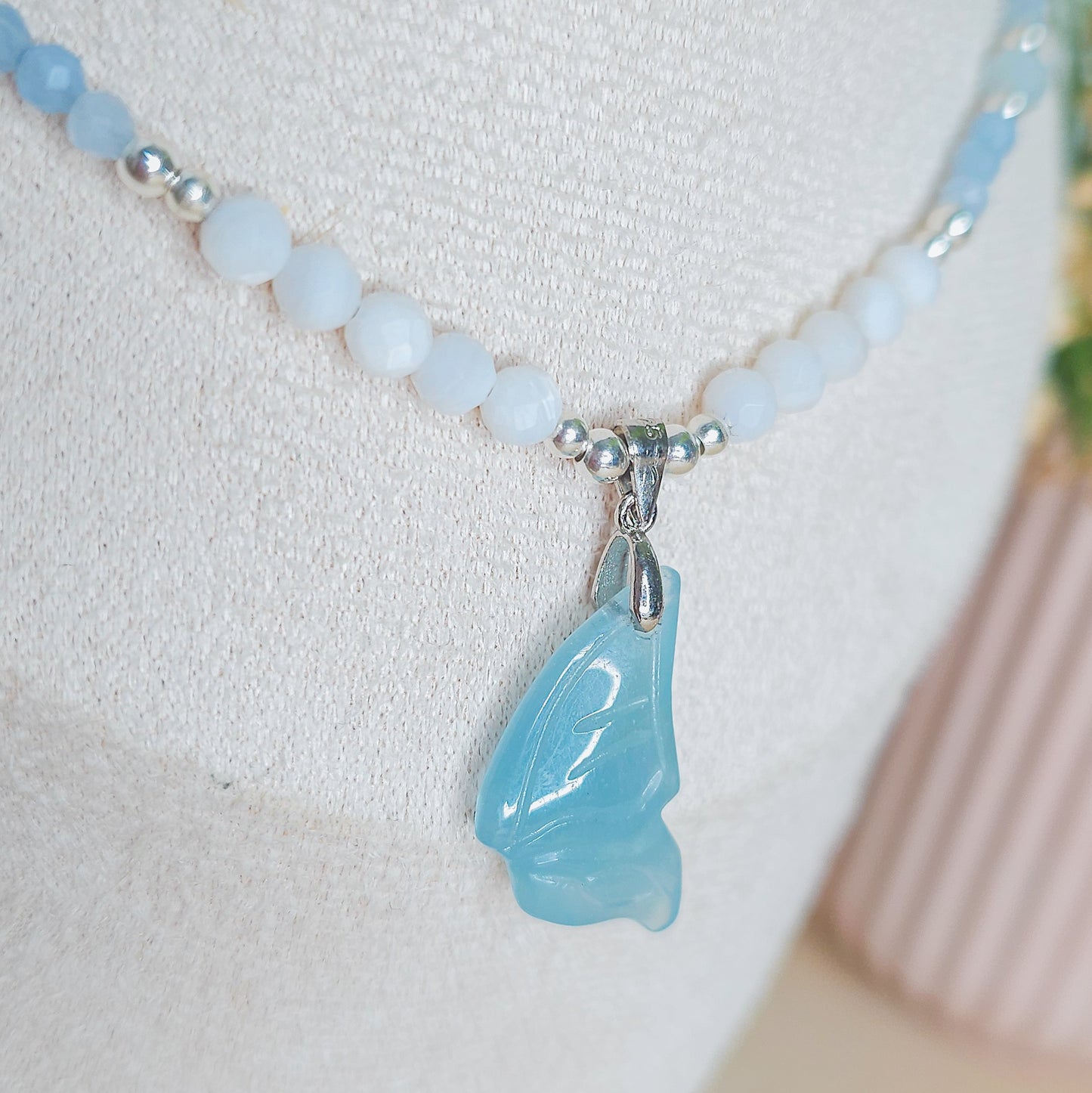 Wavewhisper Fae | Handmade Necklace with Aquamarine fairy wing pendant, Aquamarine, white Shell and 925 Silver Beads