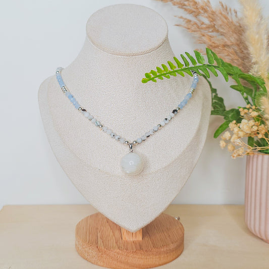 Celestial Flow | Handmade Necklace with Moonstone Sphere Pendant, Moonstone, Aquamarine and 925 Silver Beads