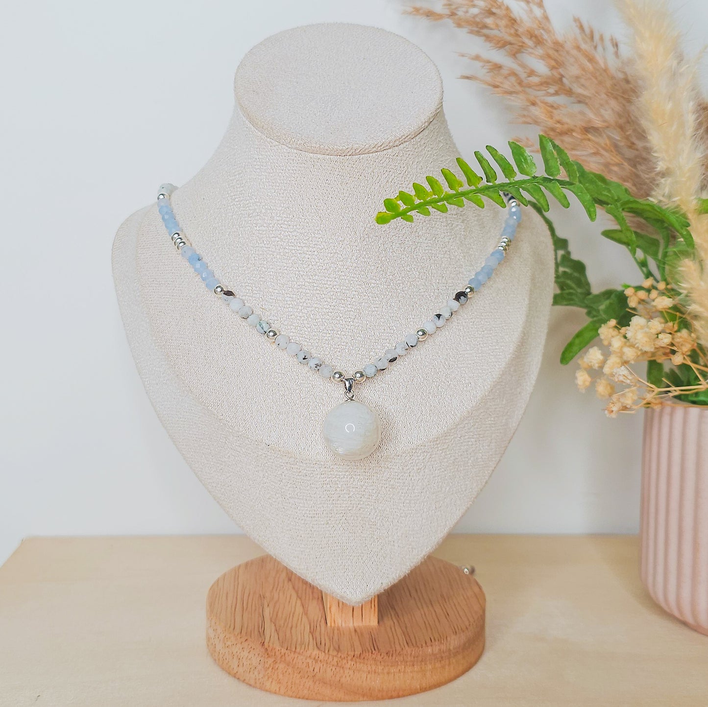 Celestial Flow | Handmade Necklace with Moonstone Sphere Pendant, Moonstone, Aquamarine and 925 Silver Beads