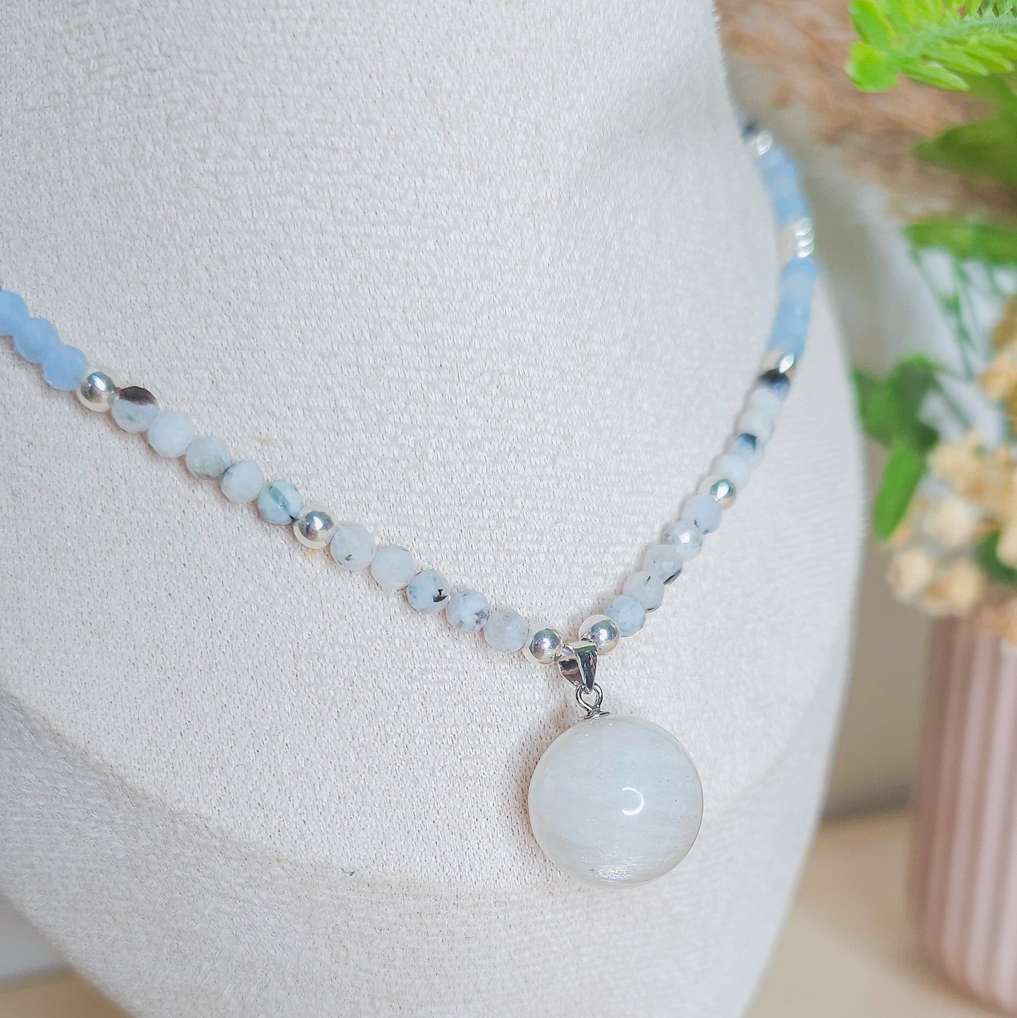 Celestial Flow | Handmade Necklace with Moonstone Sphere Pendant, Moonstone, Aquamarine and 925 Silver Beads