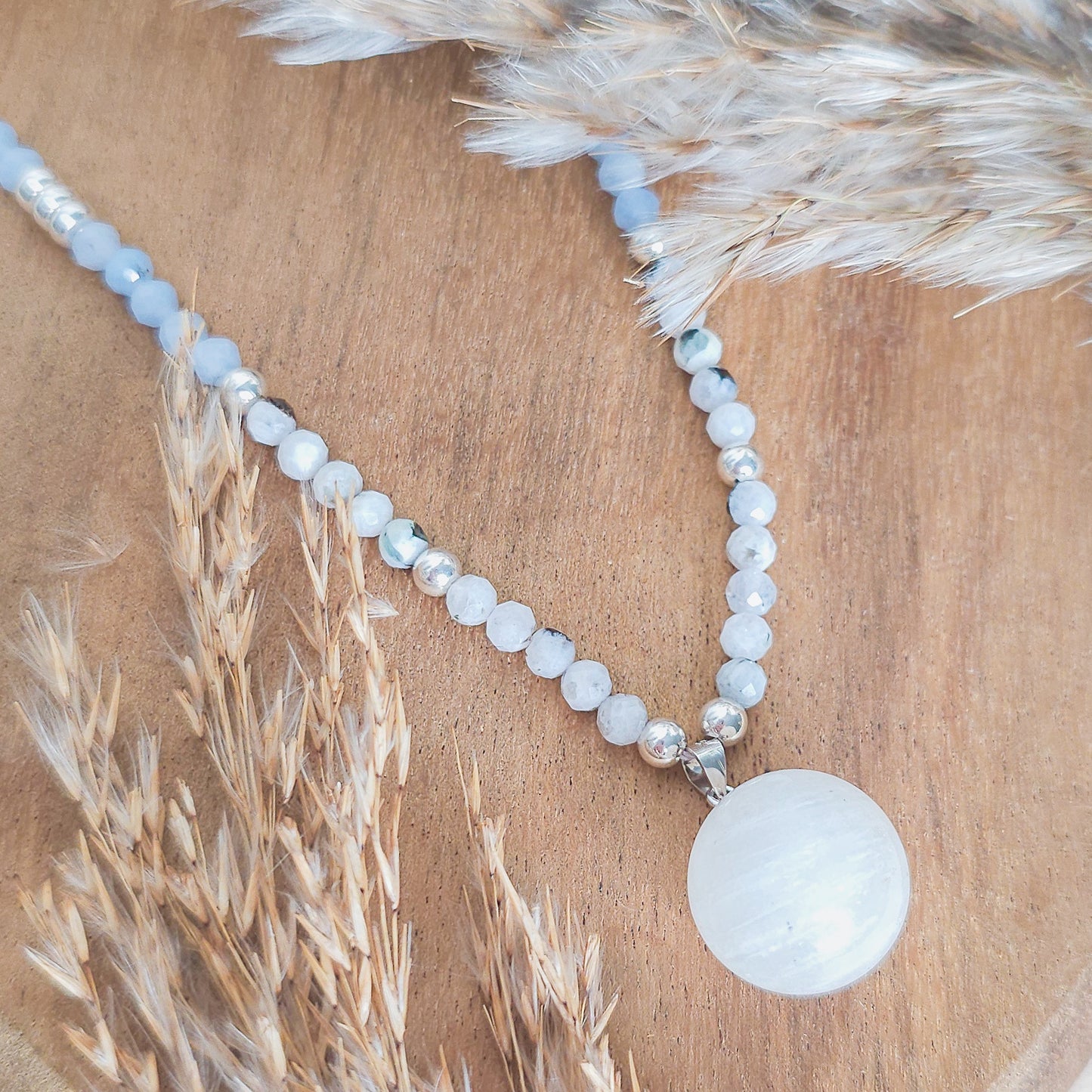 Celestial Flow | Handmade Necklace with Moonstone Sphere Pendant, Moonstone, Aquamarine and 925 Silver Beads