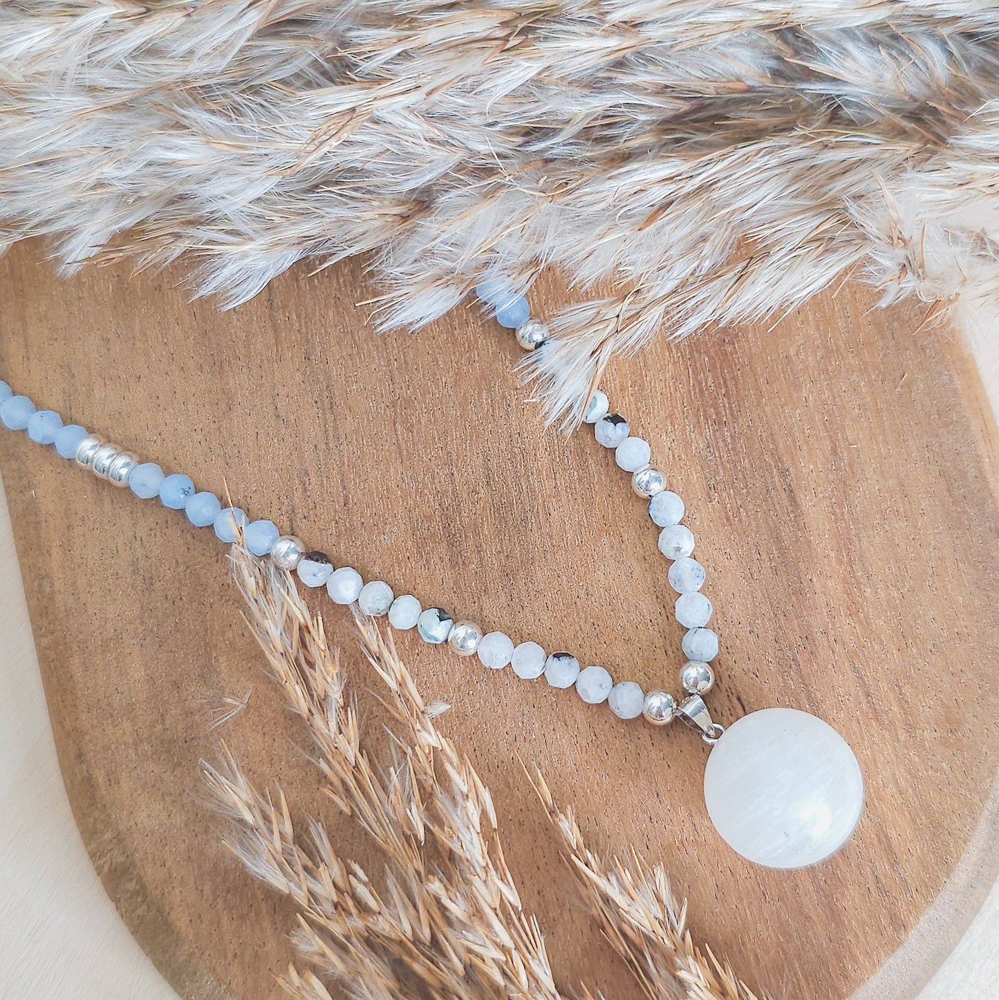 Celestial Flow | Handmade Necklace with Moonstone Sphere Pendant, Moonstone, Aquamarine and 925 Silver Beads