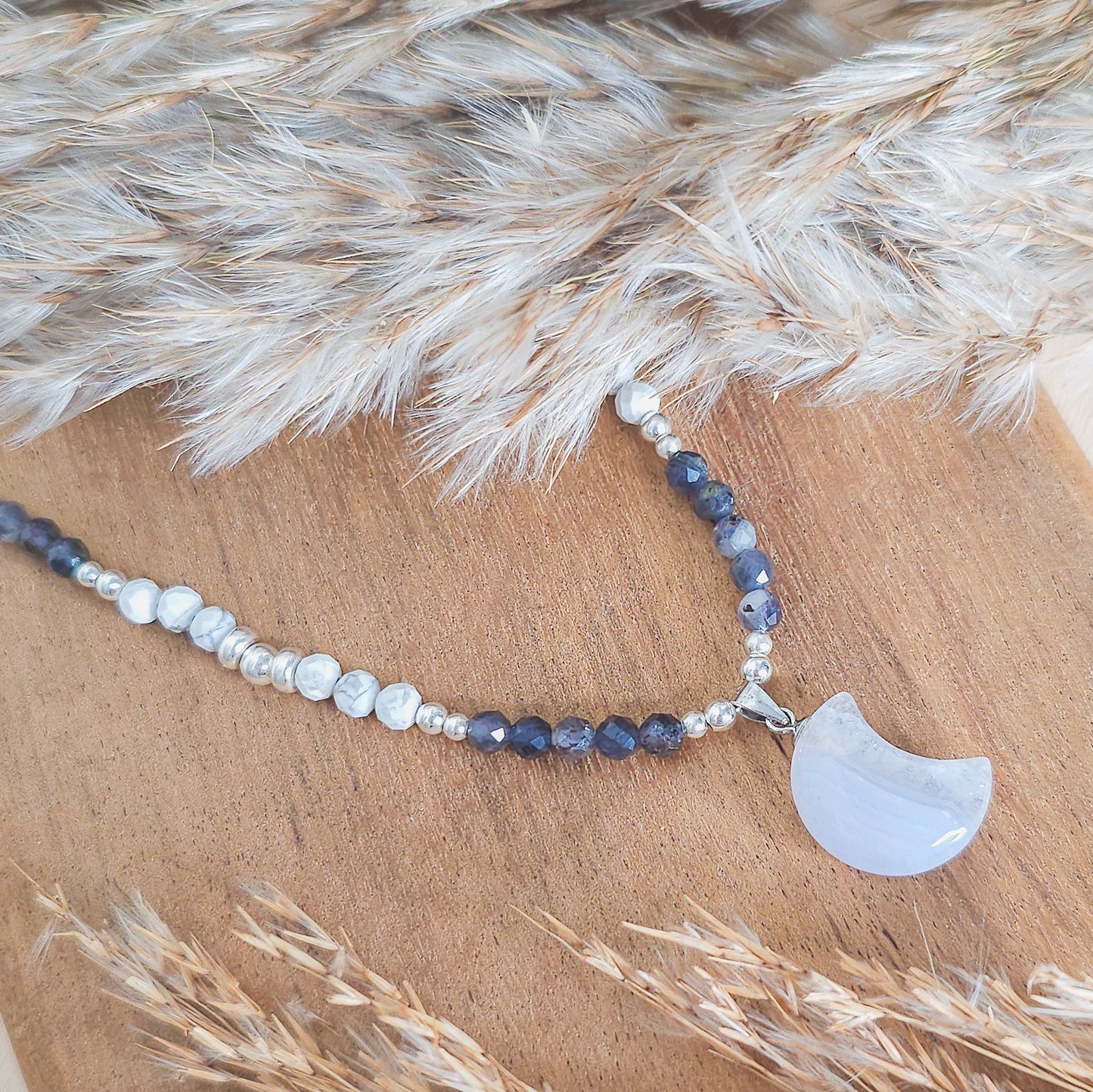 Tranquil Vision | Handmade Necklace with Blue Lace Agate Crescent Moon Pendant, Iolite, Howlite & 925 Silver Beads