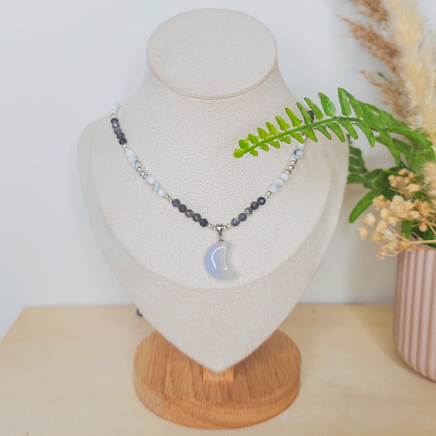 Tranquil Vision | Handmade Necklace with Blue Lace Agate Crescent Moon Pendant, Iolite, Howlite & 925 Silver Beads