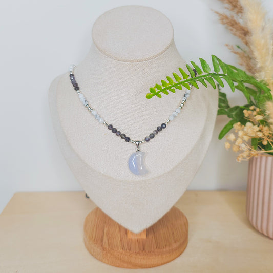 Tranquil Vision | Handmade Necklace with Blue Lace Agate Crescent Moon Pendant, Iolite, Howlite & 925 Silver Beads