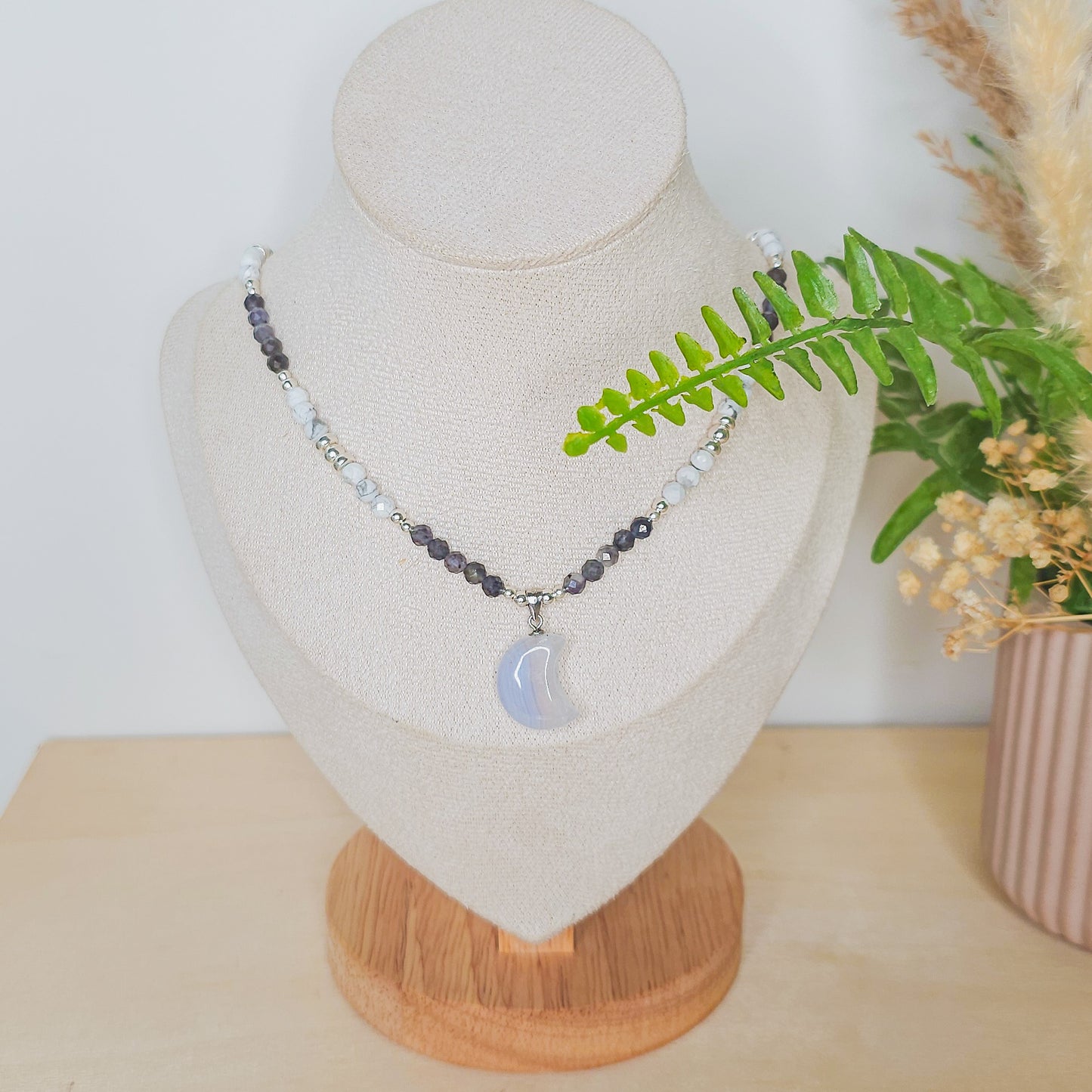 Tranquil Vision | Handmade Necklace with Blue Lace Agate Crescent Moon Pendant, Iolite, Howlite & 925 Silver Beads