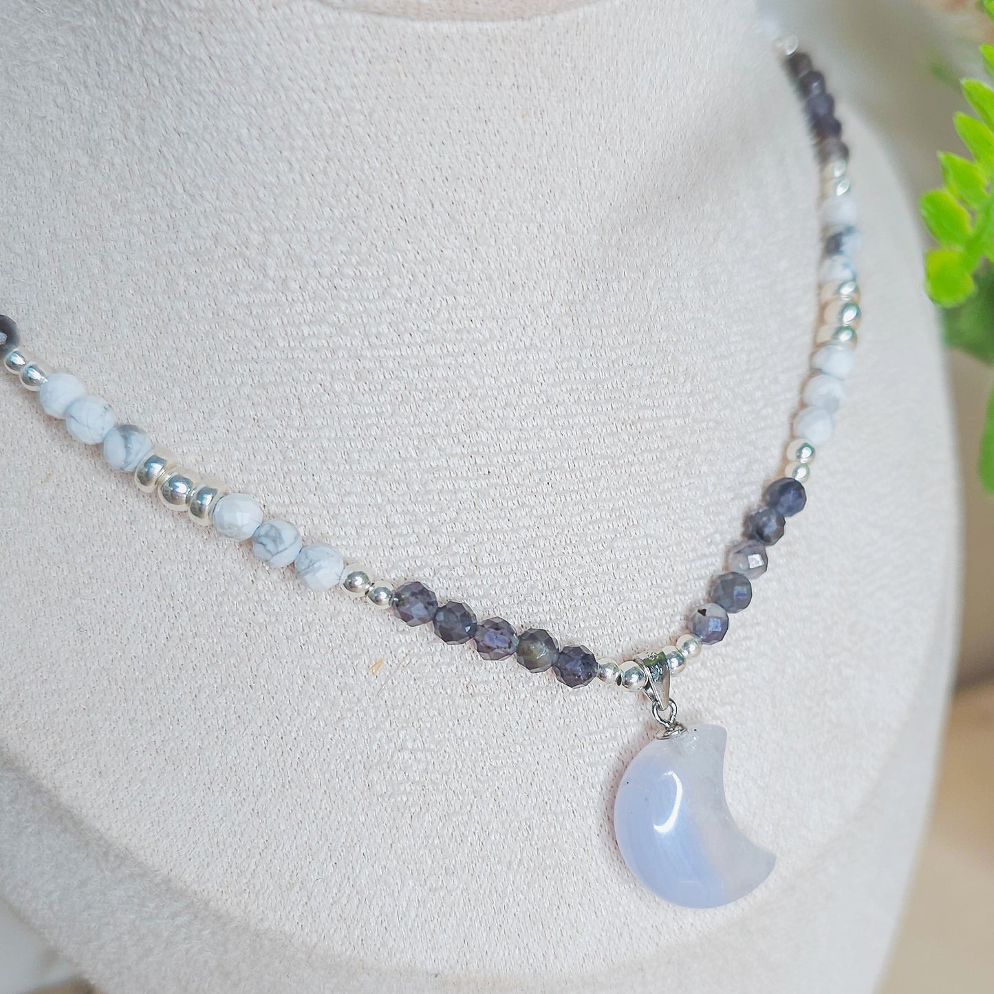 Tranquil Vision | Handmade Necklace with Blue Lace Agate Crescent Moon Pendant, Iolite, Howlite & 925 Silver Beads