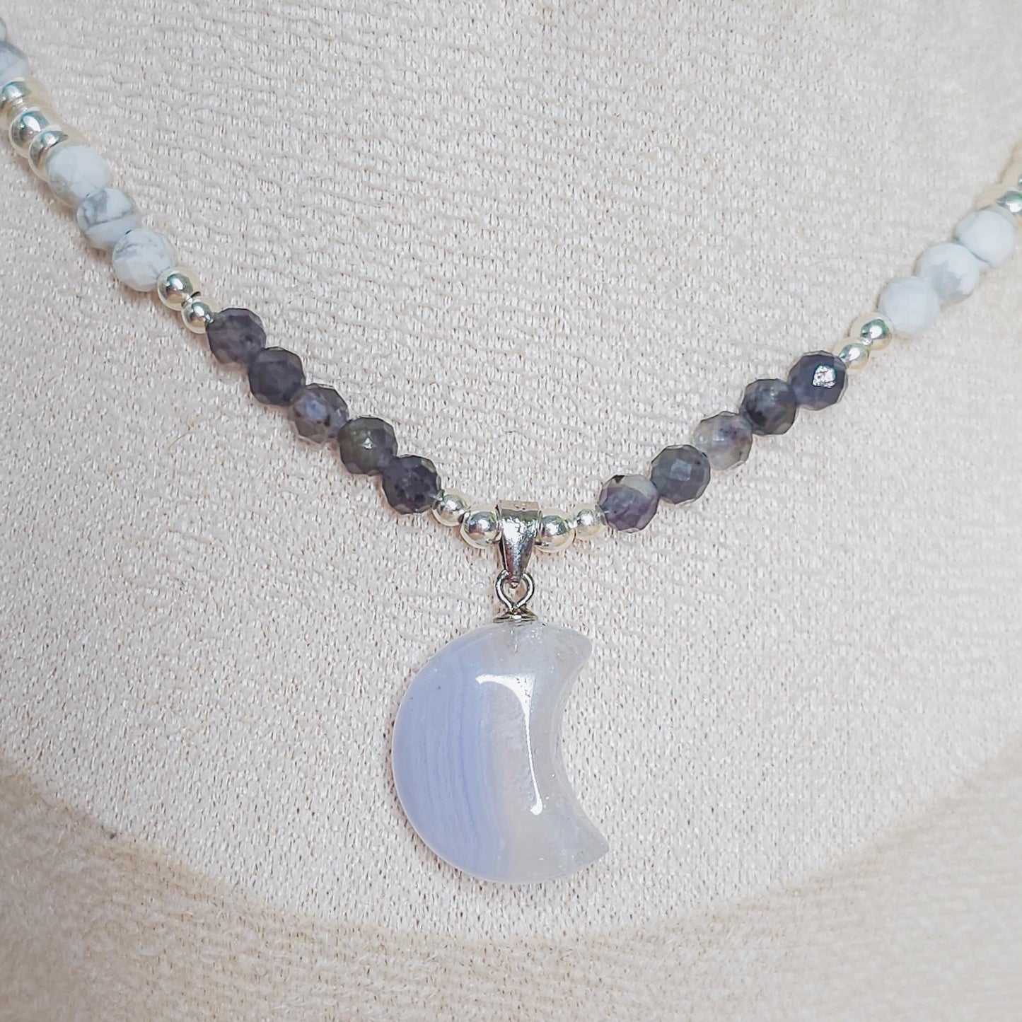 Tranquil Vision | Handmade Necklace with Blue Lace Agate Crescent Moon Pendant, Iolite, Howlite & 925 Silver Beads