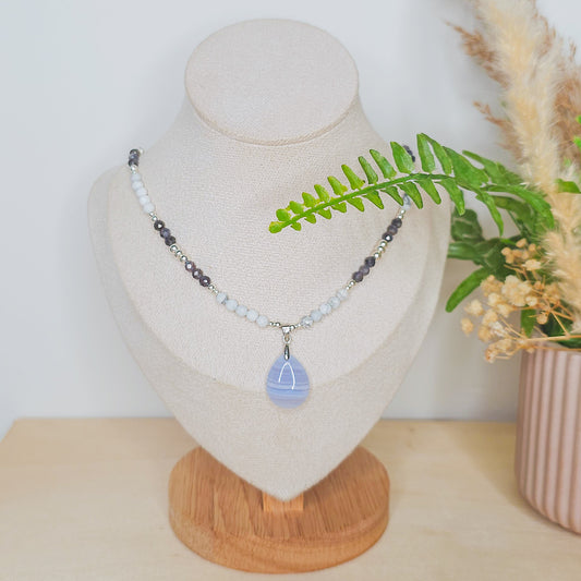 Tranquil Vision | Handmade Necklace with Blue Lace Agate Drop Pendant, Iolite, Howlite & 925 Silver Beads