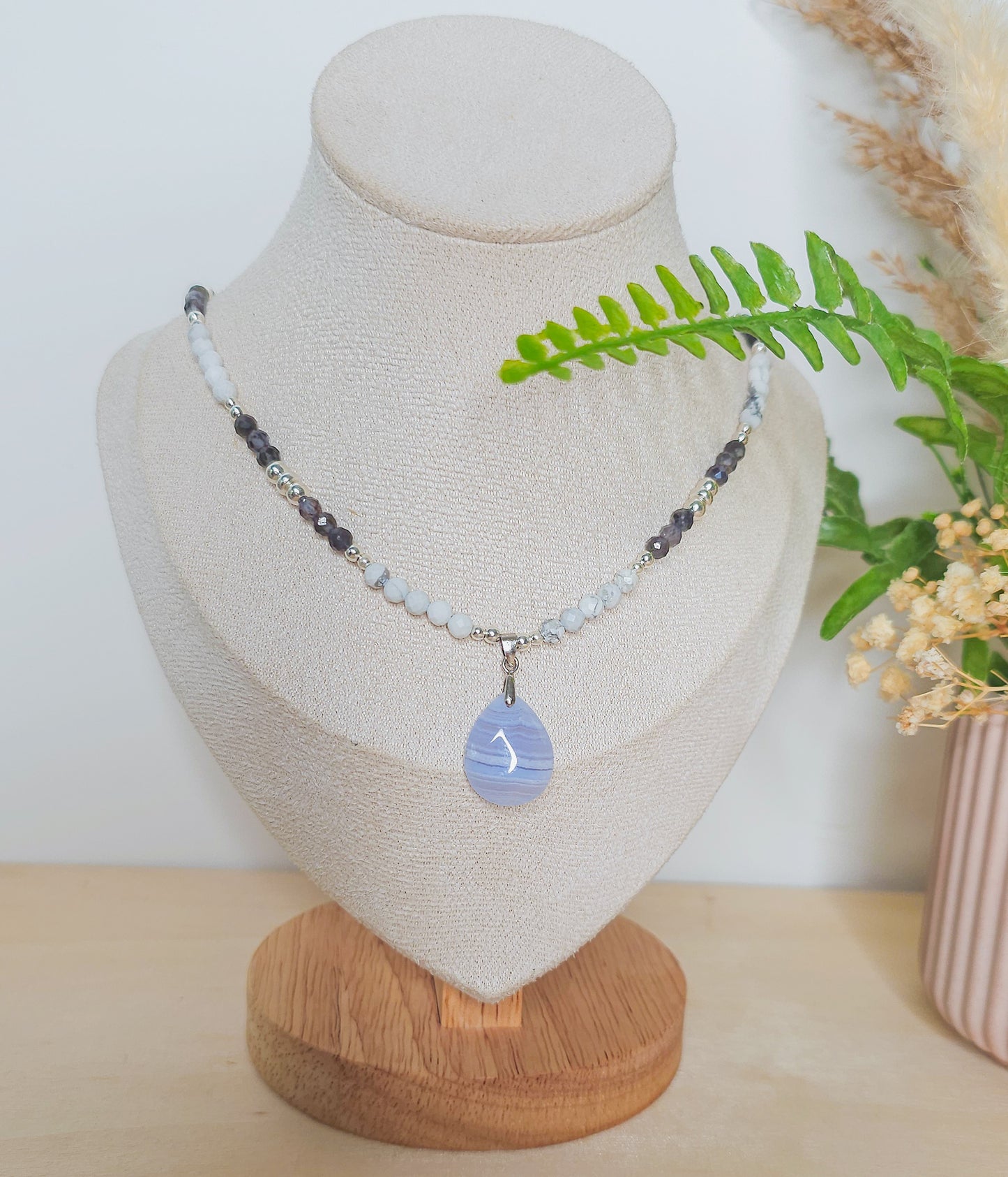 Tranquil Vision | Handmade Necklace with Blue Lace Agate Drop Pendant, Iolite, Howlite & 925 Silver Beads