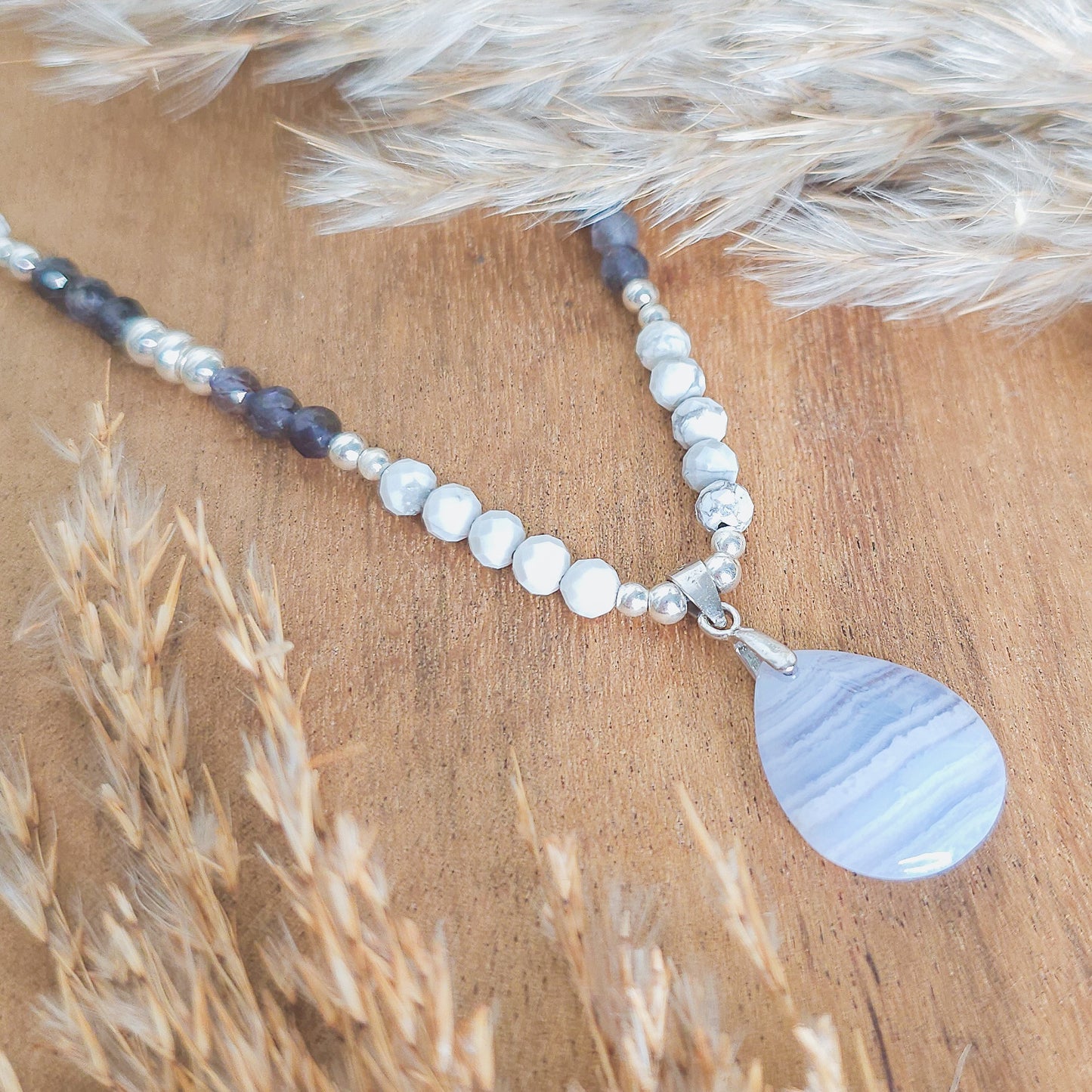 Tranquil Vision | Handmade Necklace with Blue Lace Agate Drop Pendant, Iolite, Howlite & 925 Silver Beads