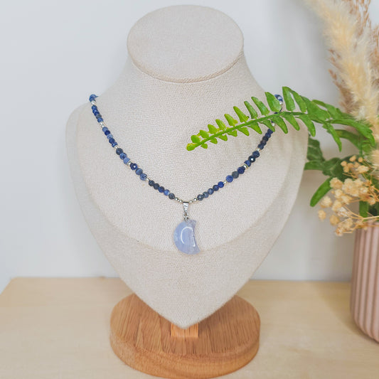 Inner Horizon | Handmade Necklace with Blue Lace Agate Crescent Moon Pendant, Sodalite beads & 925 Silver Beads