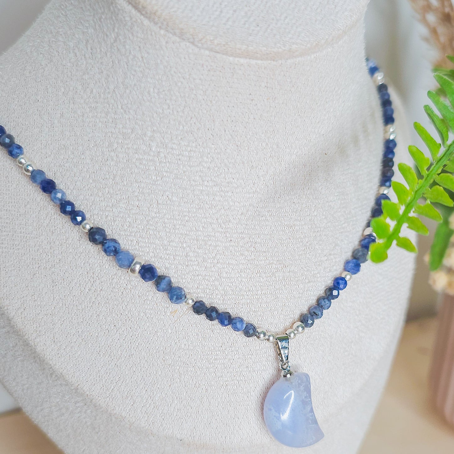 Inner Horizon | Handmade Necklace with Blue Lace Agate Crescent Moon Pendant, Sodalite beads & 925 Silver Beads