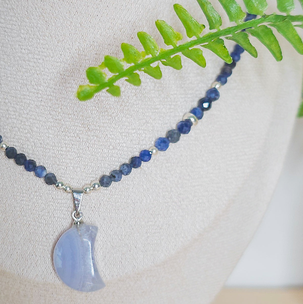 Inner Horizon | Handmade Necklace with Blue Lace Agate Crescent Moon Pendant, Sodalite beads & 925 Silver Beads