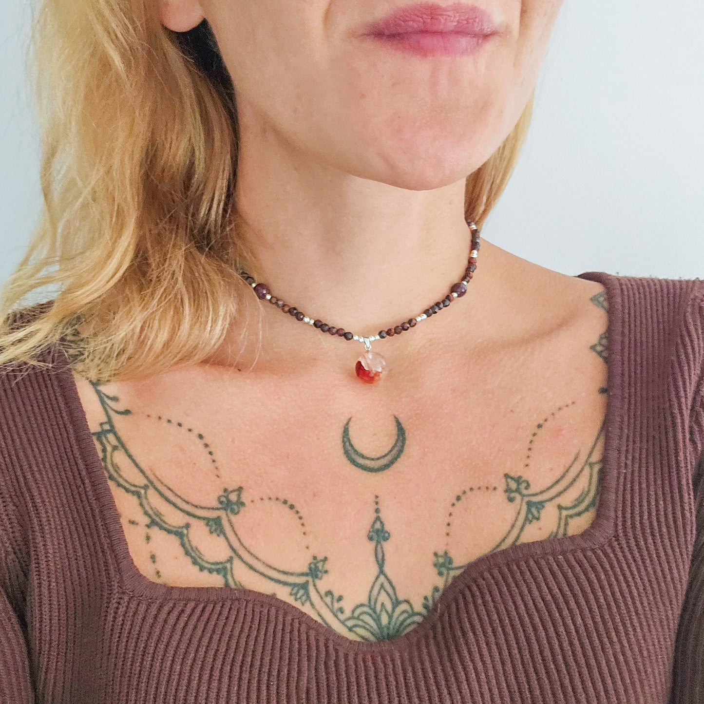 Sacred Ember | Handmade necklace with Fire Quartz sphere pendant, Red Tiger’s Eye & 925 Silver Beads