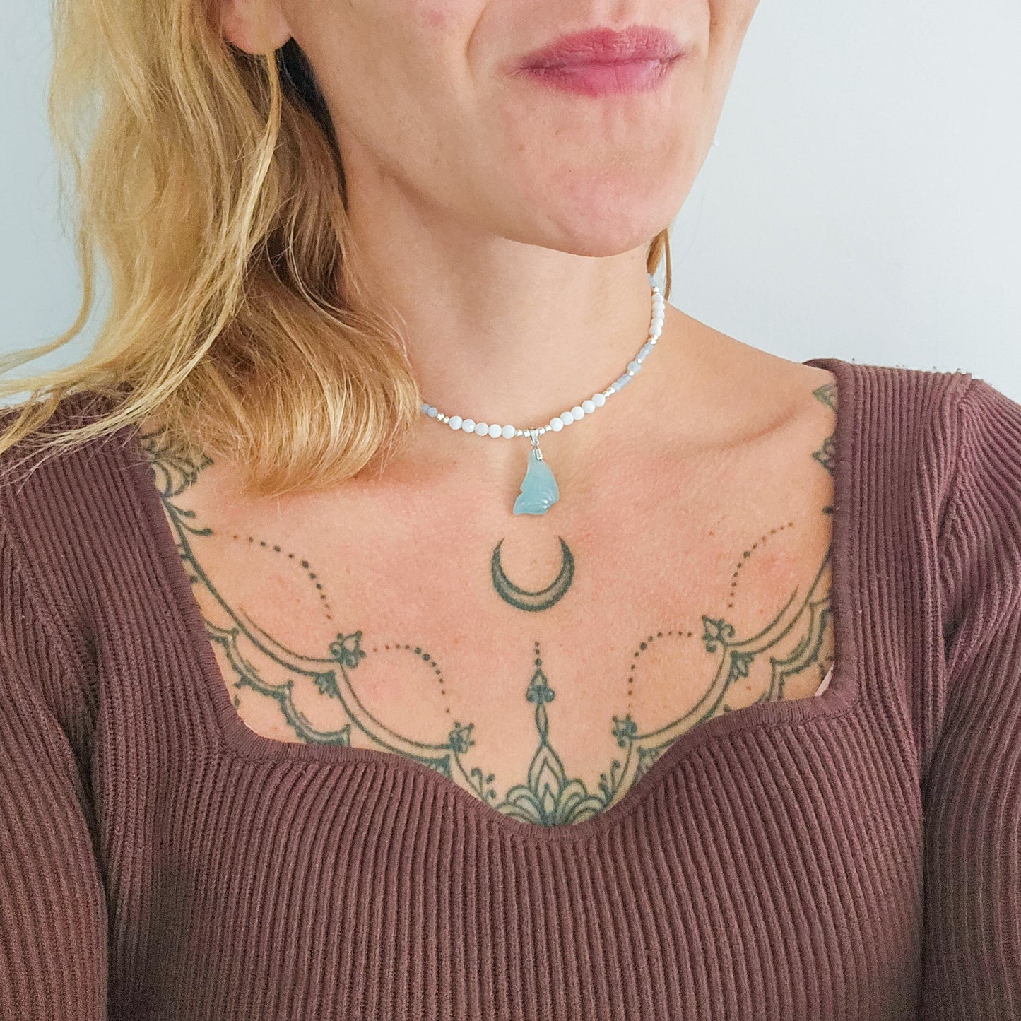 Wavewhisper Fae | Handmade Necklace with Aquamarine fairy wing pendant, Aquamarine, white Shell and 925 Silver Beads