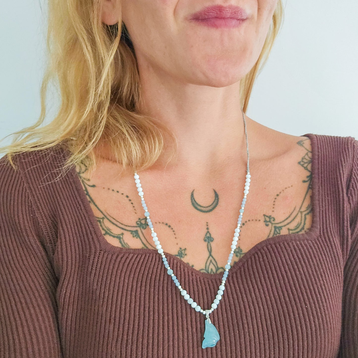Wavewhisper Fae | Handmade Necklace with Aquamarine fairy wing pendant, Aquamarine, white Shell and 925 Silver Beads