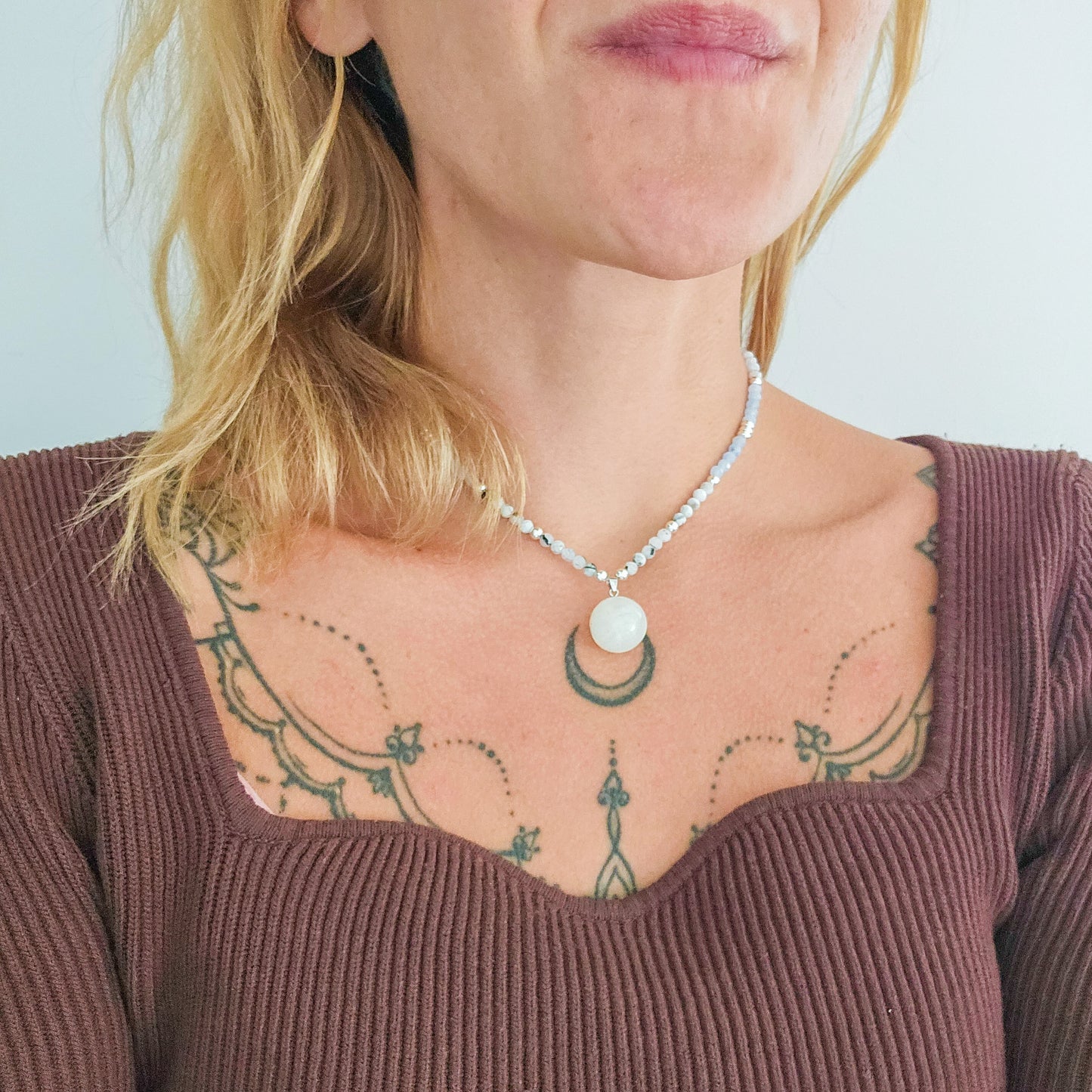 Celestial Flow | Handmade Necklace with Moonstone Sphere Pendant, Moonstone, Aquamarine and 925 Silver Beads