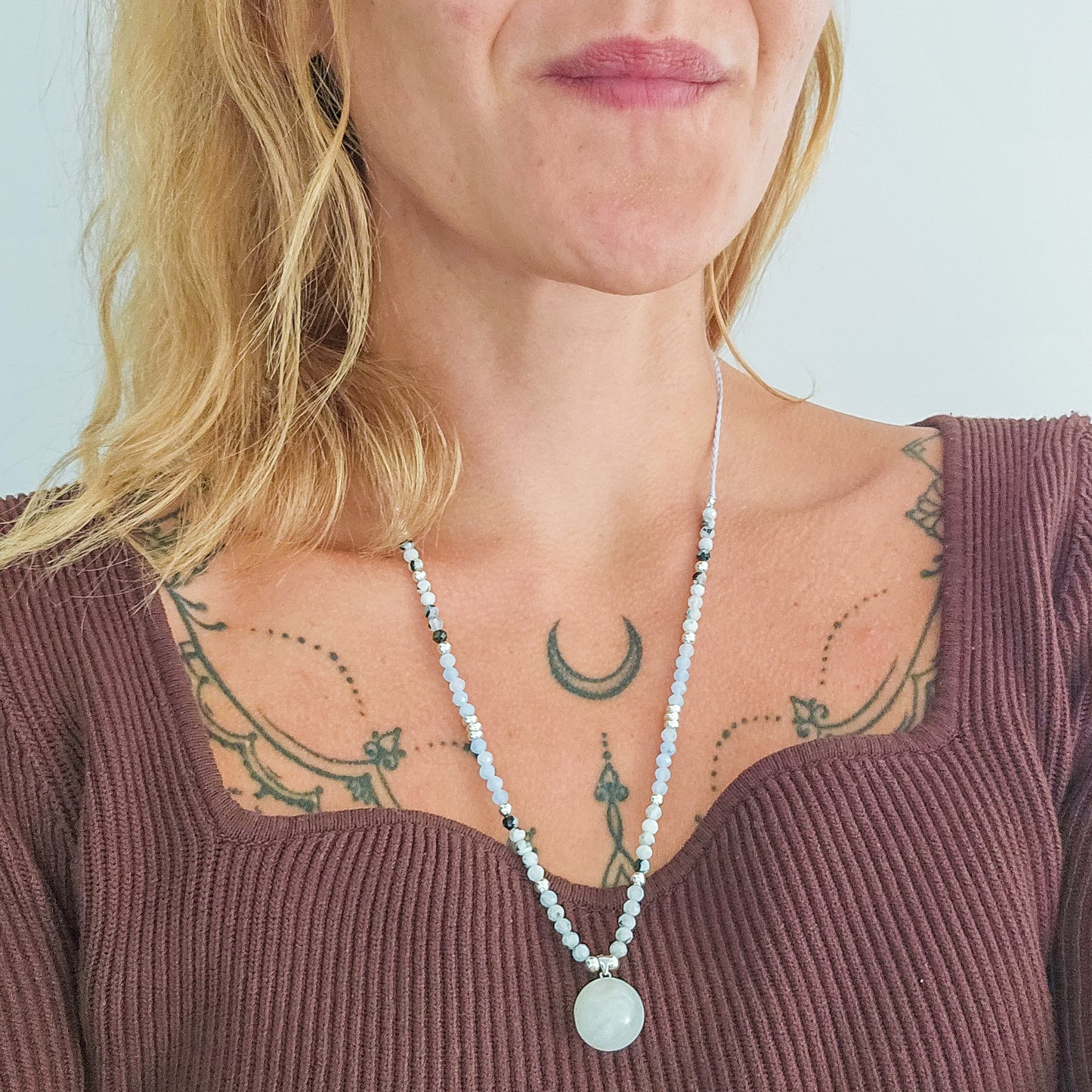Celestial Flow | Handmade Necklace with Moonstone Sphere Pendant, Moonstone, Aquamarine and 925 Silver Beads