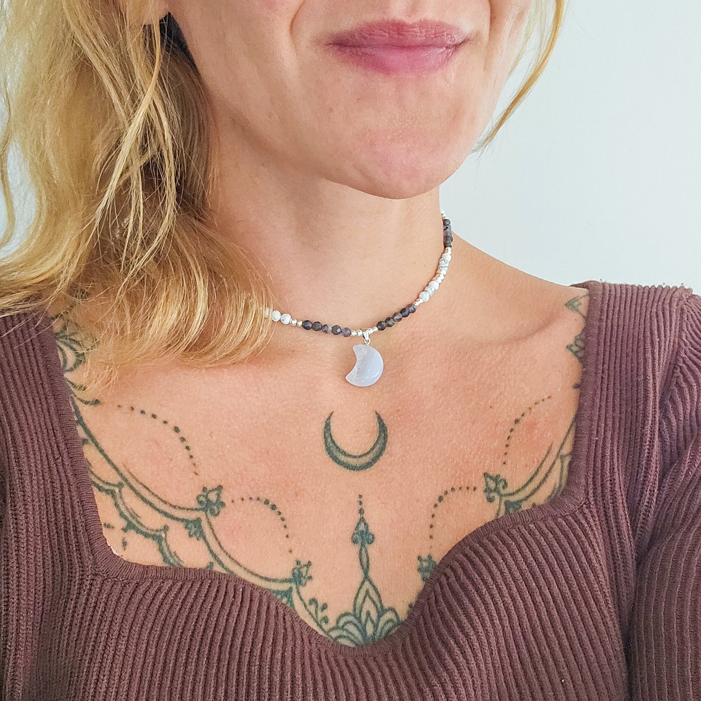 Tranquil Vision | Handmade Necklace with Blue Lace Agate Crescent Moon Pendant, Iolite, Howlite & 925 Silver Beads