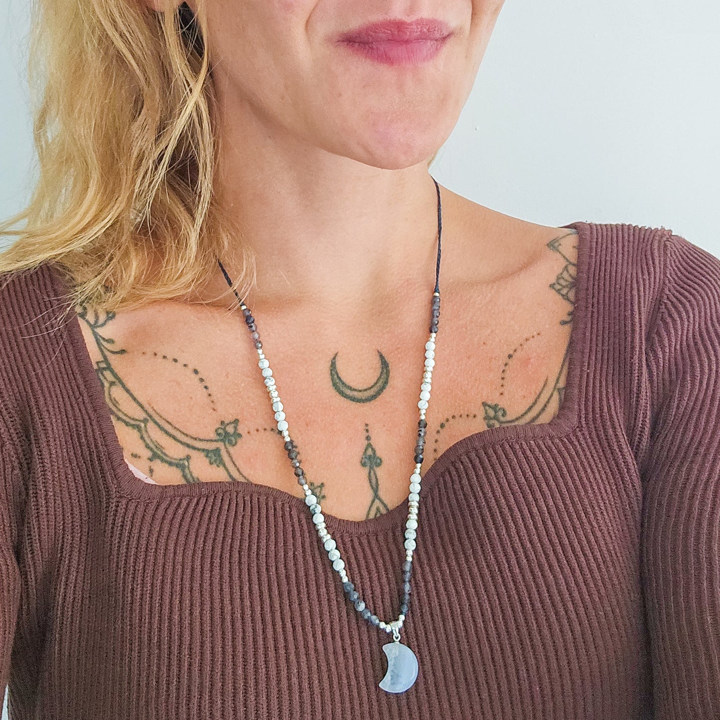 Tranquil Vision | Handmade Necklace with Blue Lace Agate Crescent Moon Pendant, Iolite, Howlite & 925 Silver Beads