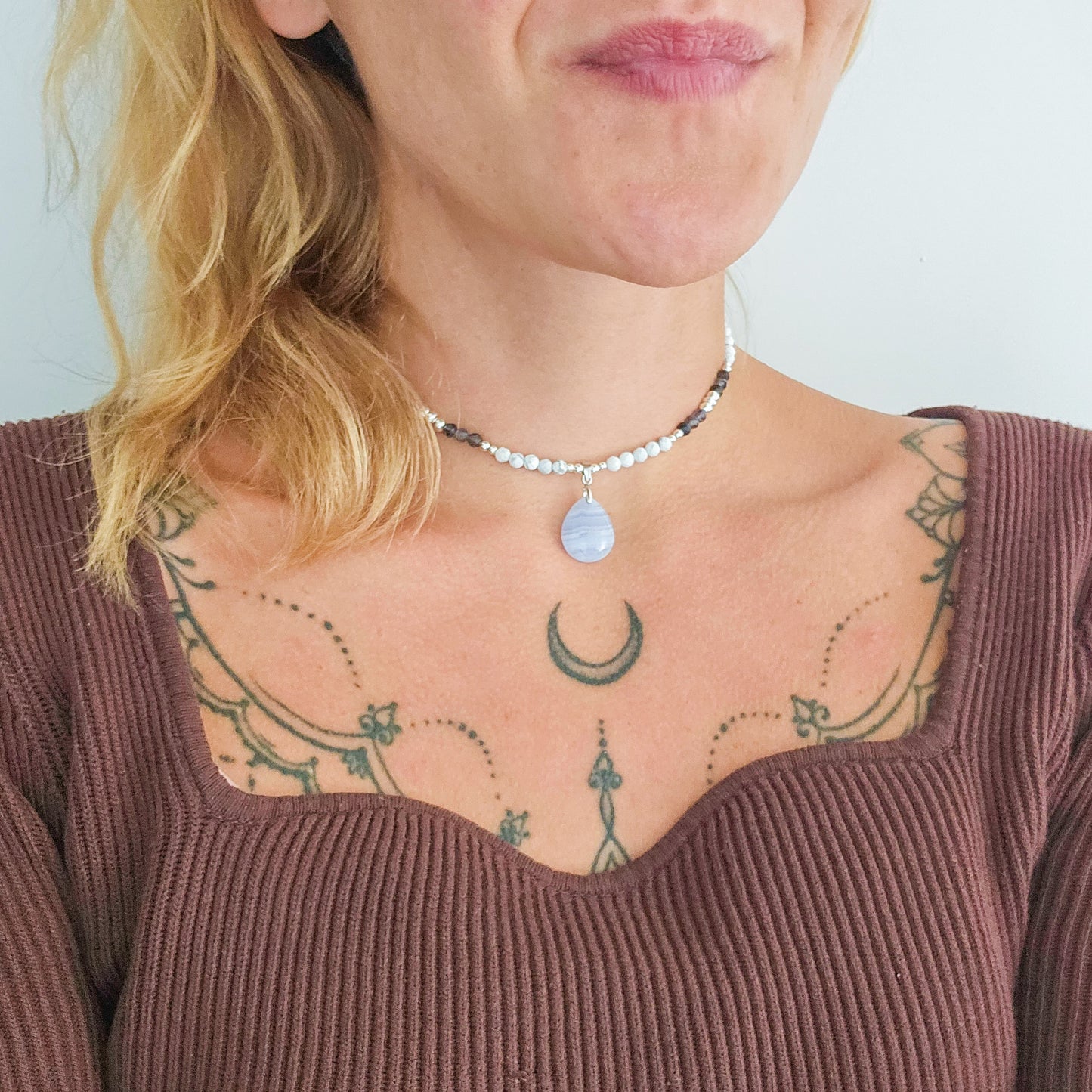 Tranquil Vision | Handmade Necklace with Blue Lace Agate Drop Pendant, Iolite, Howlite & 925 Silver Beads