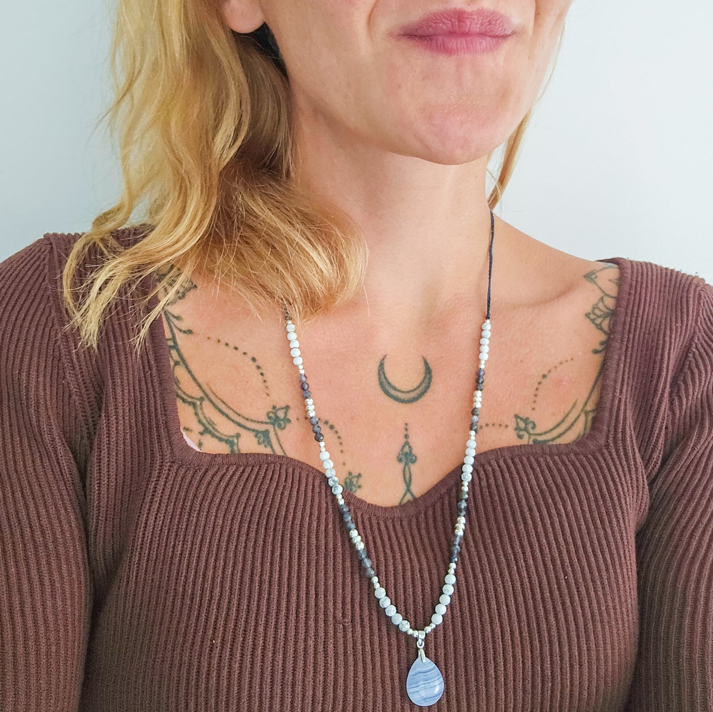 Tranquil Vision | Handmade Necklace with Blue Lace Agate Drop Pendant, Iolite, Howlite & 925 Silver Beads
