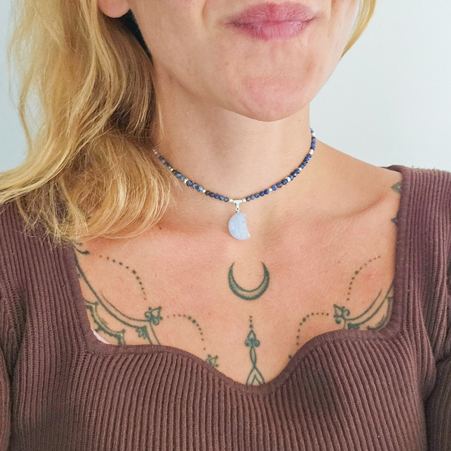 Inner Horizon | Handmade Necklace with Blue Lace Agate Crescent Moon Pendant, Sodalite beads & 925 Silver Beads