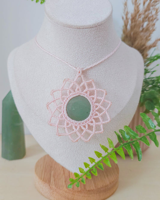 Handwoven mandala necklace with Green Aventurine crystal, inspired by Fortuna, goddess of luck and prosperity.
