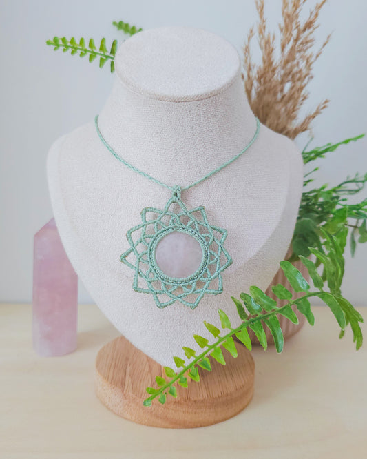 Circle-shaped macrame necklace featuring natural Rose Quartz, symbolizing love, beauty, and divine feminine energy
