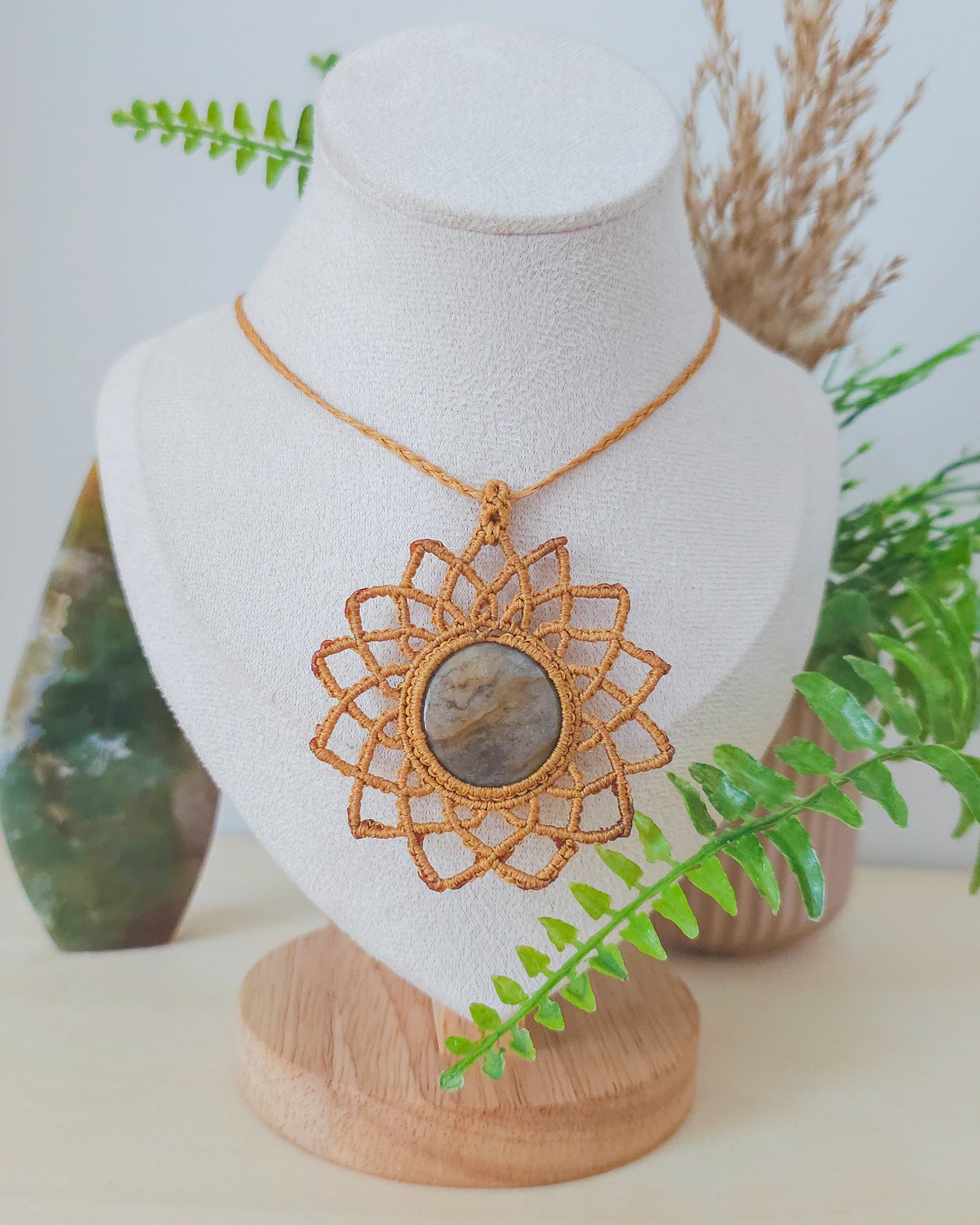 Handwoven mandala necklace with earthy Jasper crystal, inspired by Gaia, the nurturing spirit of the Earth.