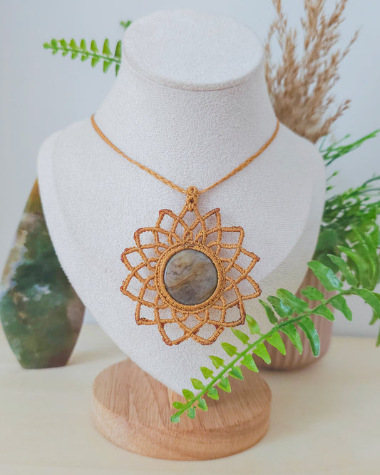 Handwoven mandala necklace with earthy Jasper crystal, inspired by Gaia, the nurturing spirit of the Earth.