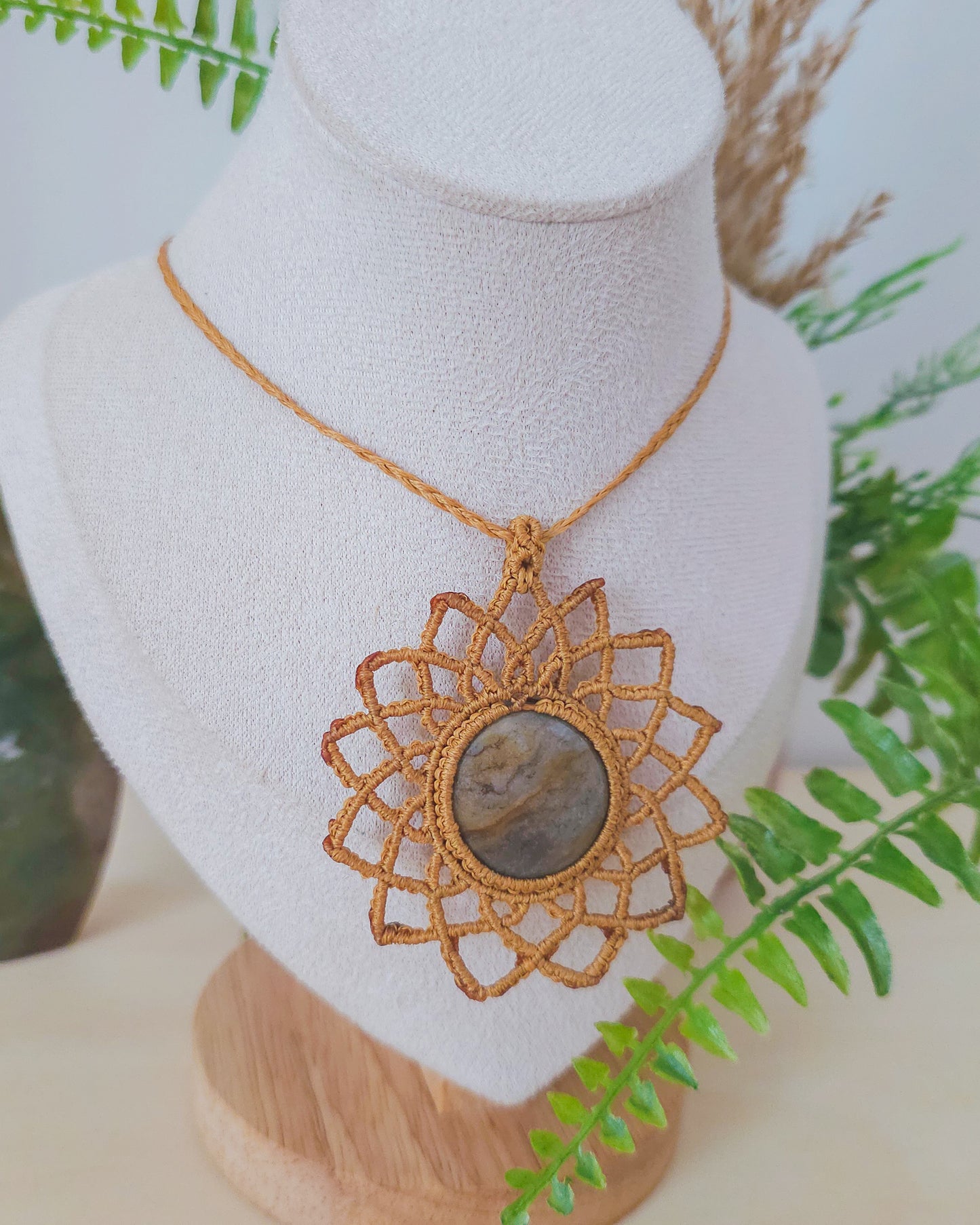 
Close-up of Jasper mandala necklace, symbolizing grounding, protection, and deep connection to nature.