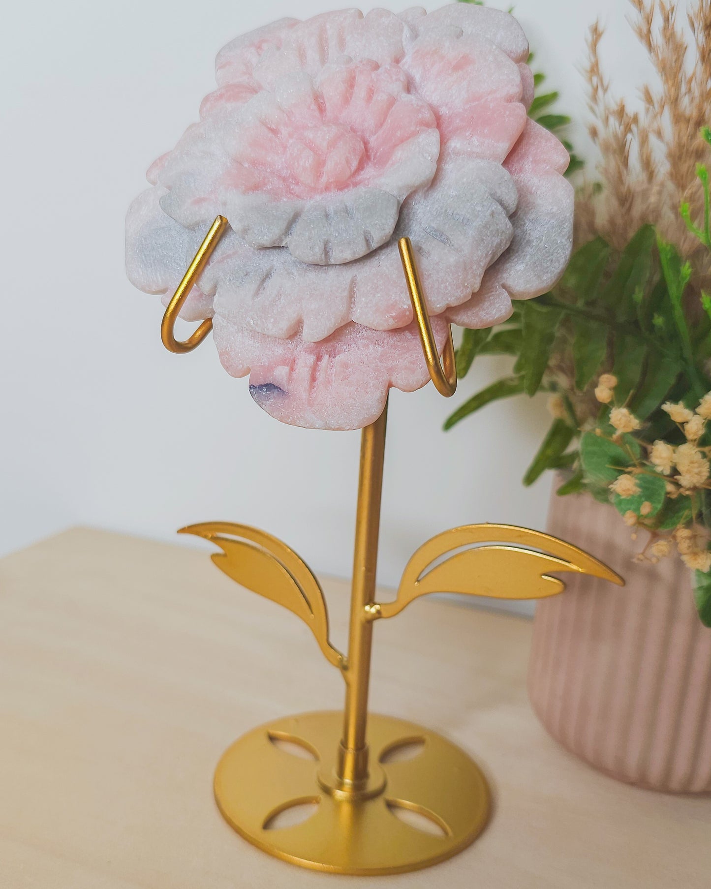 Pink Opal Flower Carving on Stand