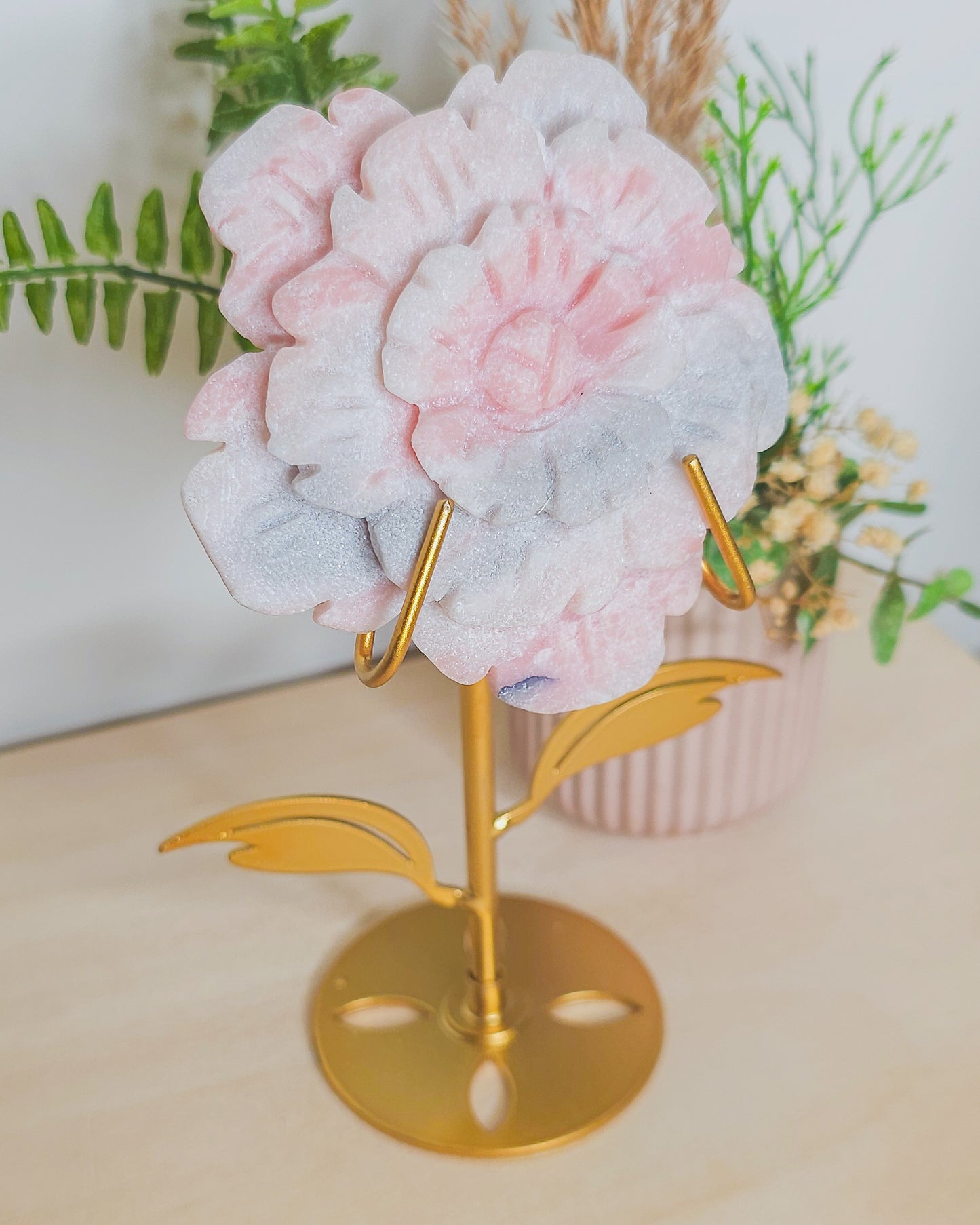 Pink Opal Flower Carving on Stand