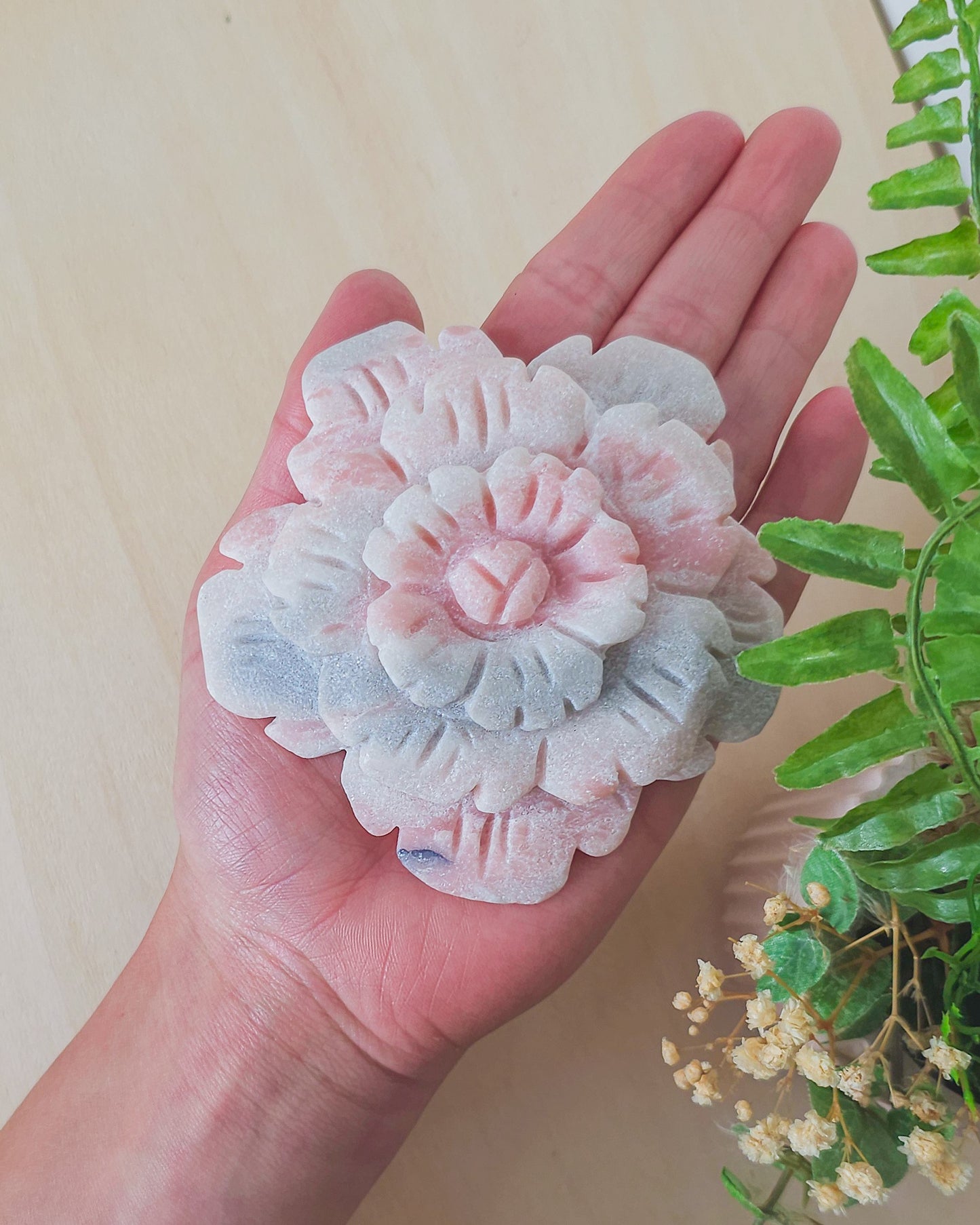 Pink Opal Flower Carving on Stand