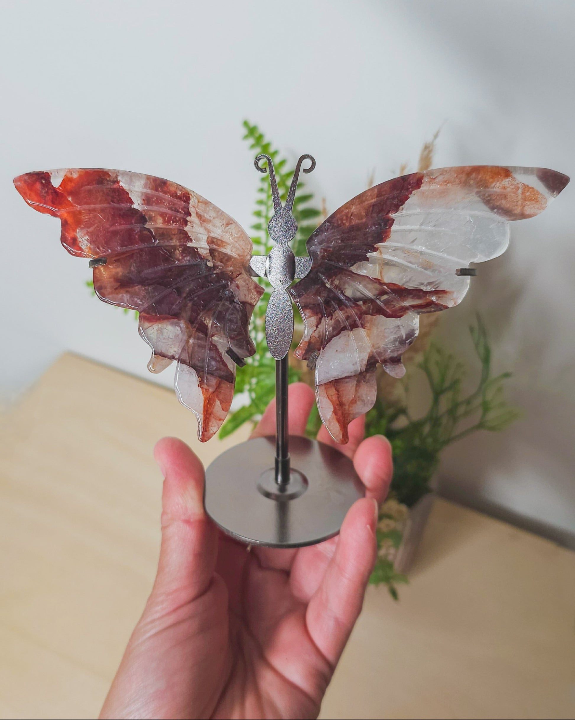 Close-up of Fire Quartz butterfly wing showing fiery inclusions inside transparent quartz, representing clarity, empowerment, and emotional alchemy.