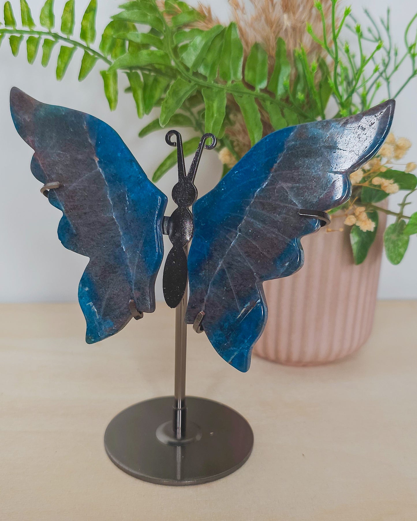 Blue Apatite Butterfly Wings on Stand