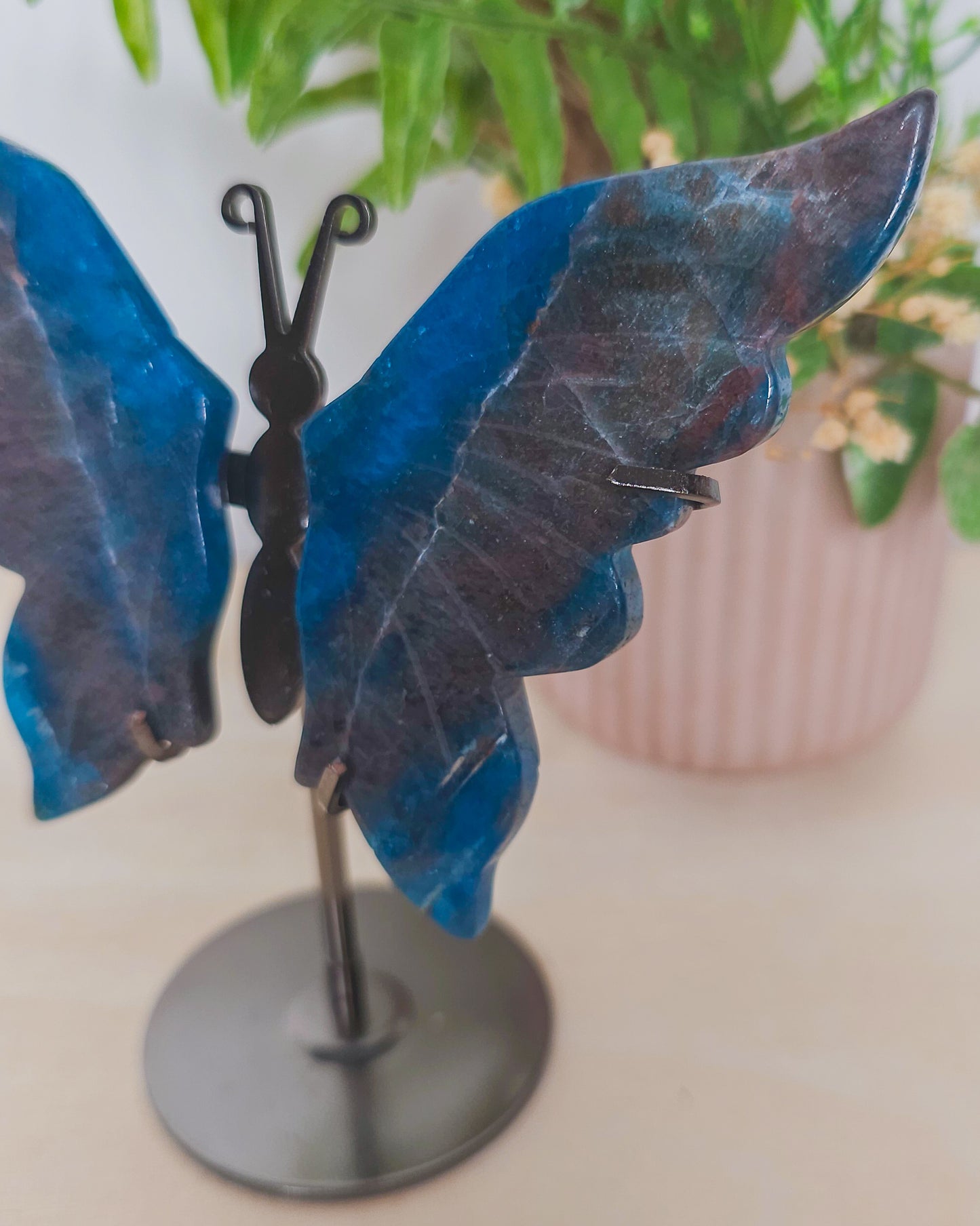 Blue Apatite Butterfly Wings on Stand