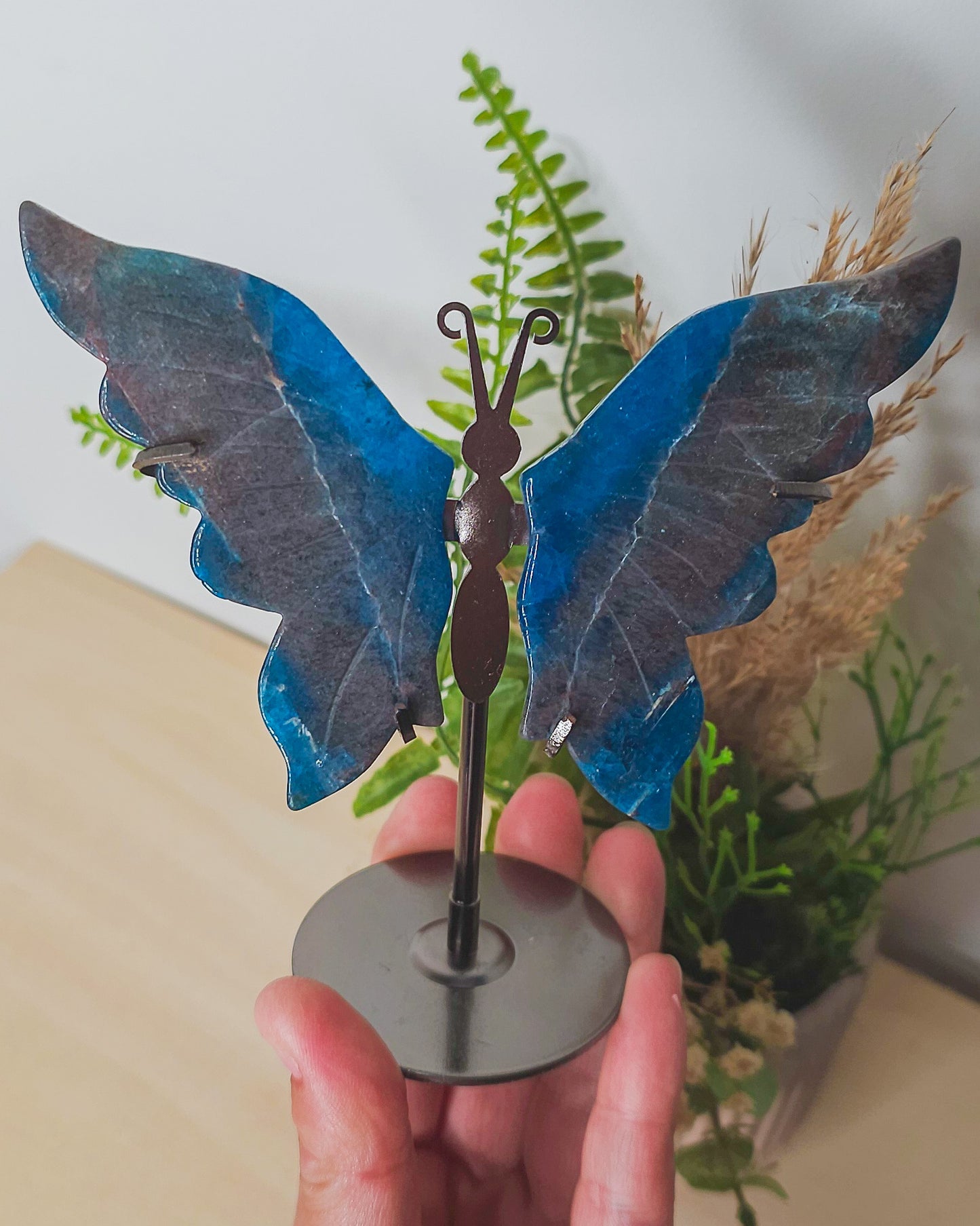 Blue Apatite Butterfly Wings on Stand
