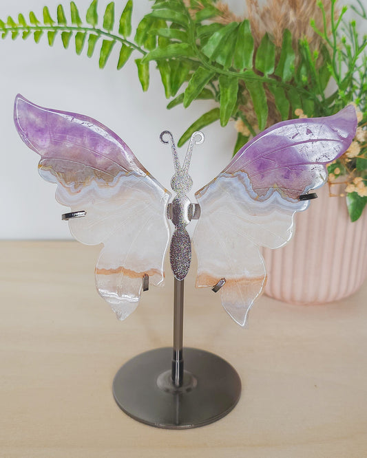 Amethyst, Agate & Clear Quartz Butterfly Wings on Stand