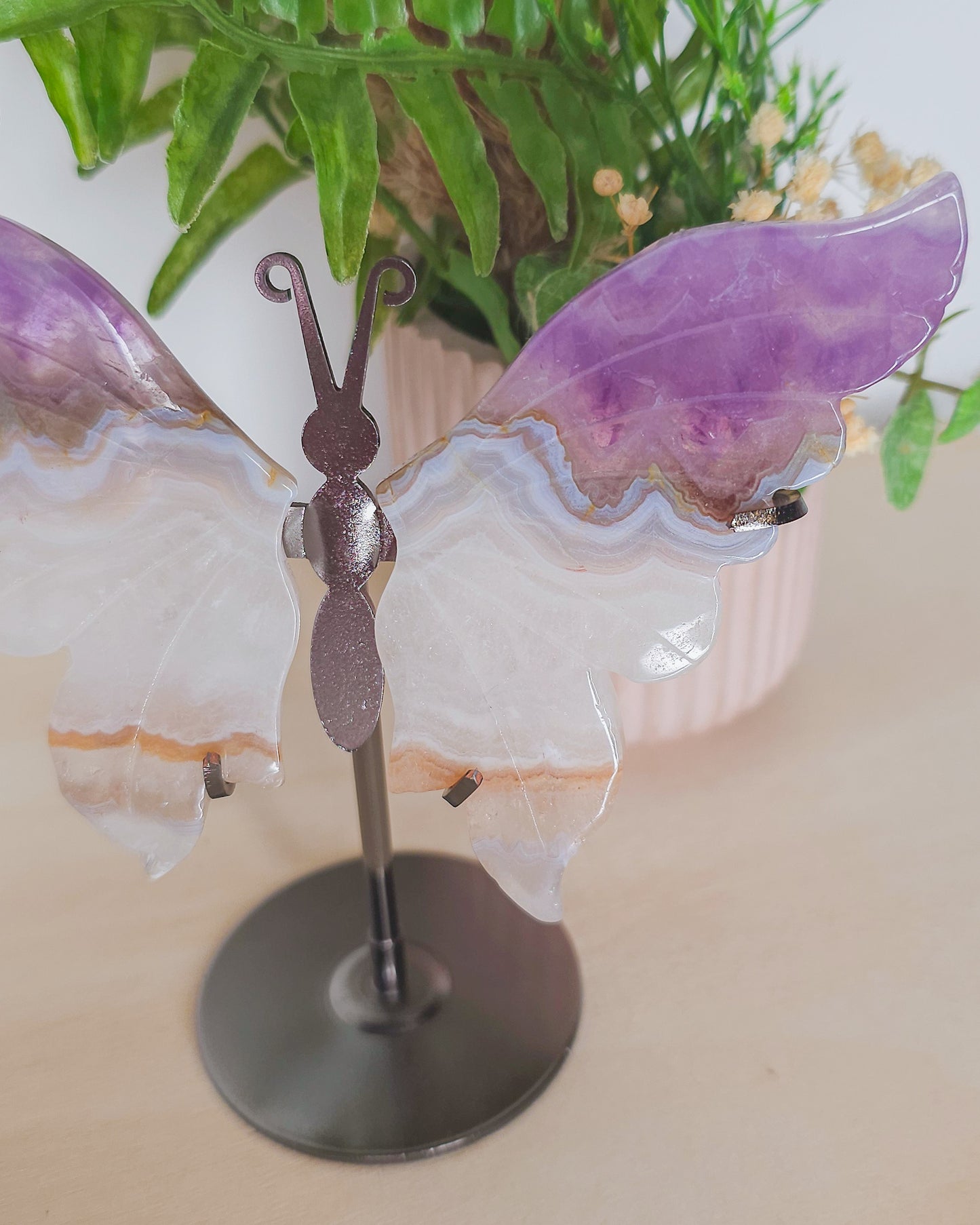 Amethyst, Agate & Clear Quartz Butterfly Wings on Stand
