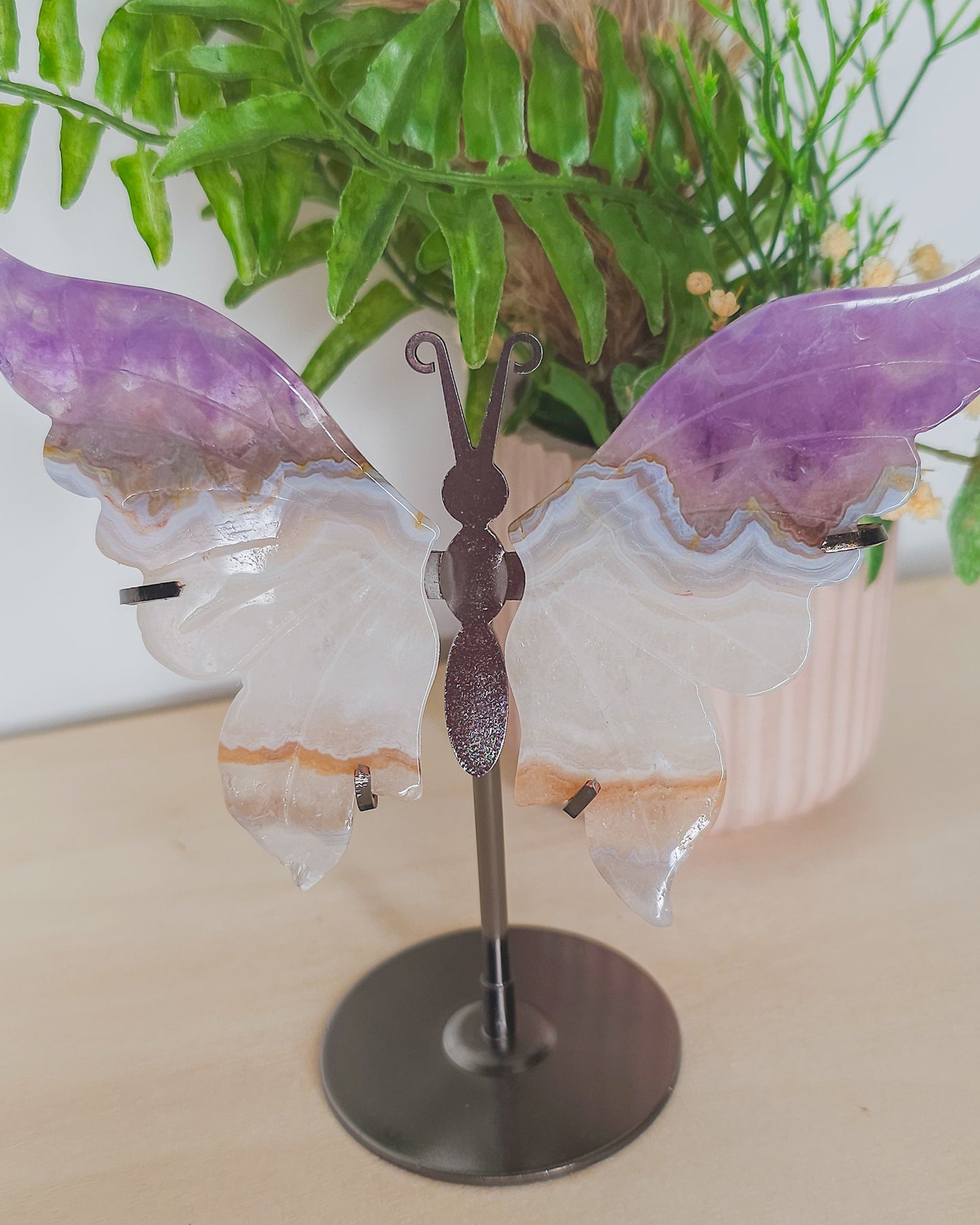 Amethyst, Agate & Clear Quartz Butterfly Wings on Stand